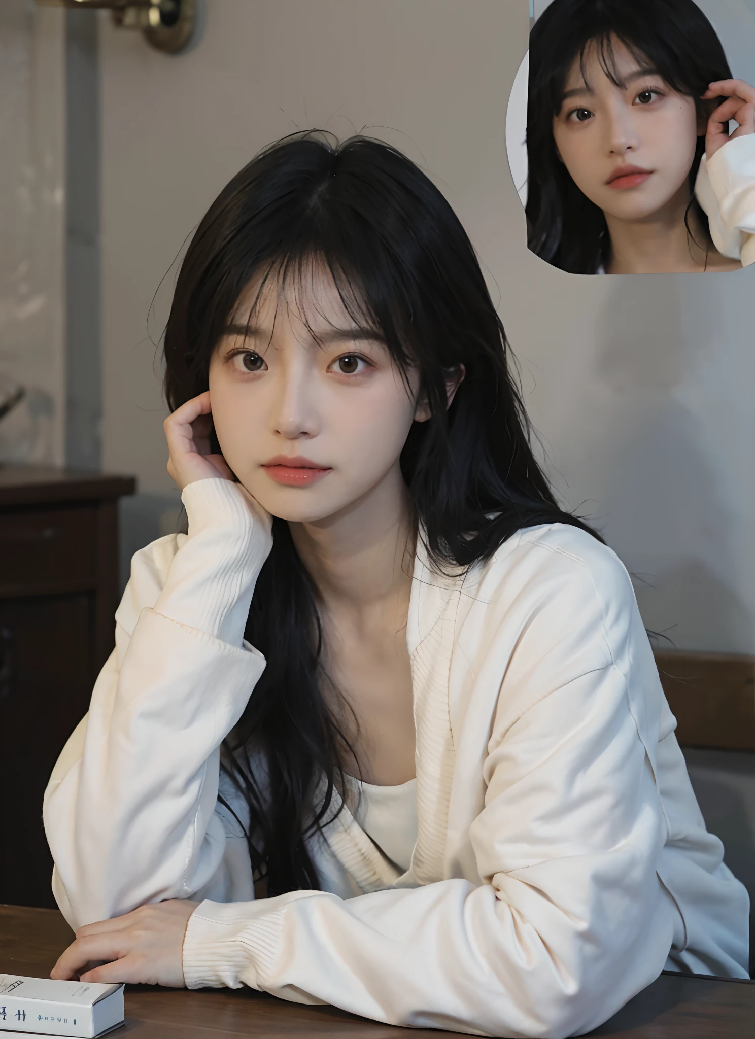 best qualtiy, 超高分辨率, (realisticlying:1.4), one-girl,Pink Long Hair, plain face,A pair of clear and moving eyes,Royal Sister,Beige sweater, looking at viewert, closeup cleavage ,