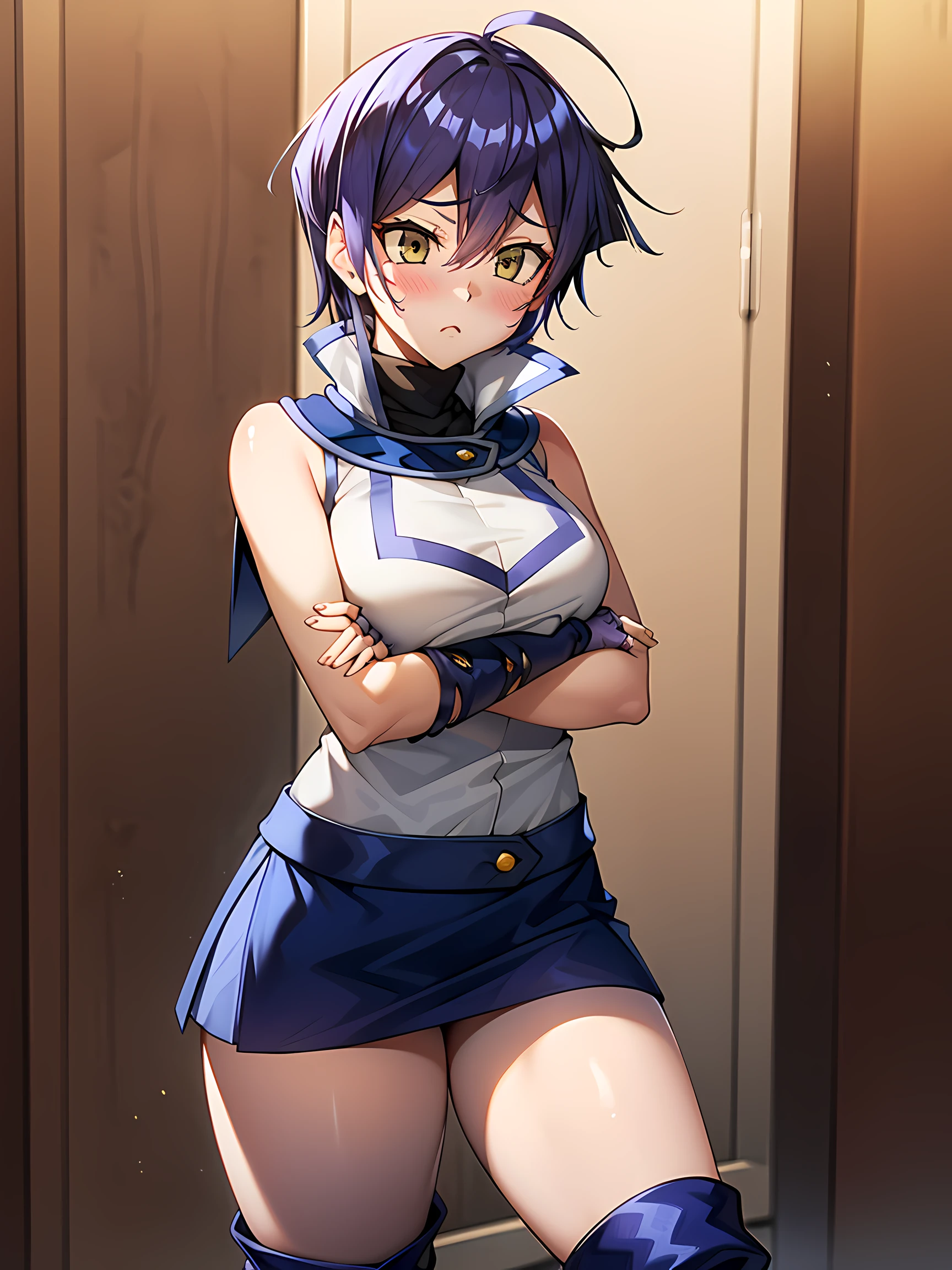 girl, sleeveless jacket, bare shoulders, (((short hair))),blue skirt, (((((purple hair))))), yellow eyes,crossed arms,tsundere,thighs, cowboy, (((messy hair))),ahoge,(((thigh boots))),blue boots,fingerless gloves, blush,blunt bangs