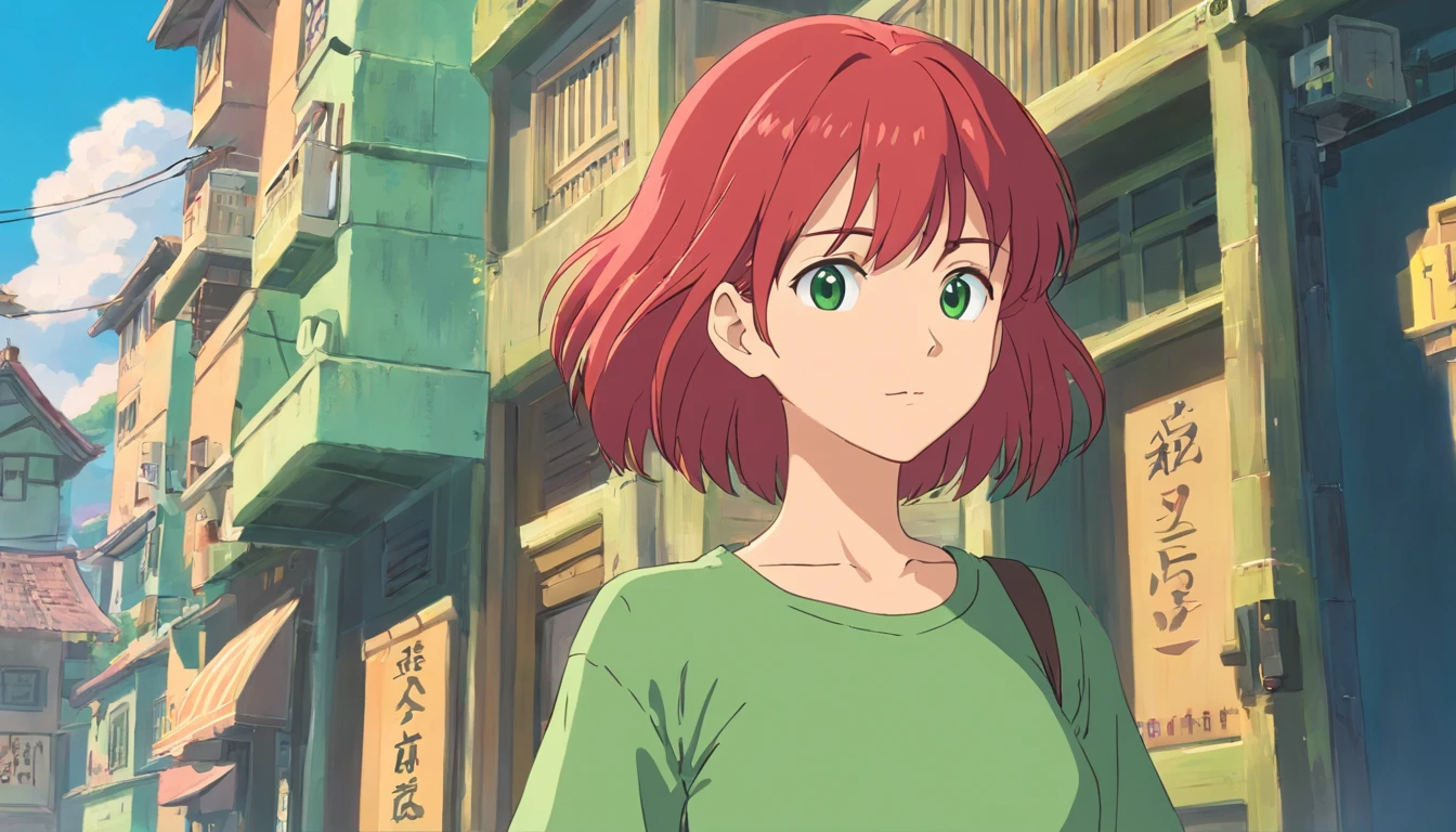 a woman with red hair and a green shirt in front of a building, menina lofi, 8 0 s vibe anime, anime vibes, Digital anime illustration, retro anime girl, menina anime sedutora, Elogio Artstyle, no estilo de arte do anime 8 0 s, estilo anime. 8k, arte digital do anime cyberpunk, estilo anime 4K, mulher com pouca roupa.