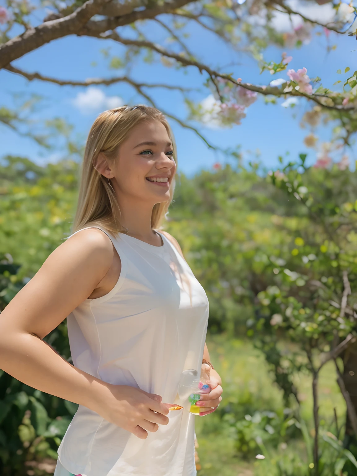 A blonde girl standing with a radiant smile on her face, holding the bottle of magic ink in your hands. It is surrounded by a magical and colourful environment, com flores coloridas, vibrant trees and a sky full of rainbows. 4k Disney pixar resolution