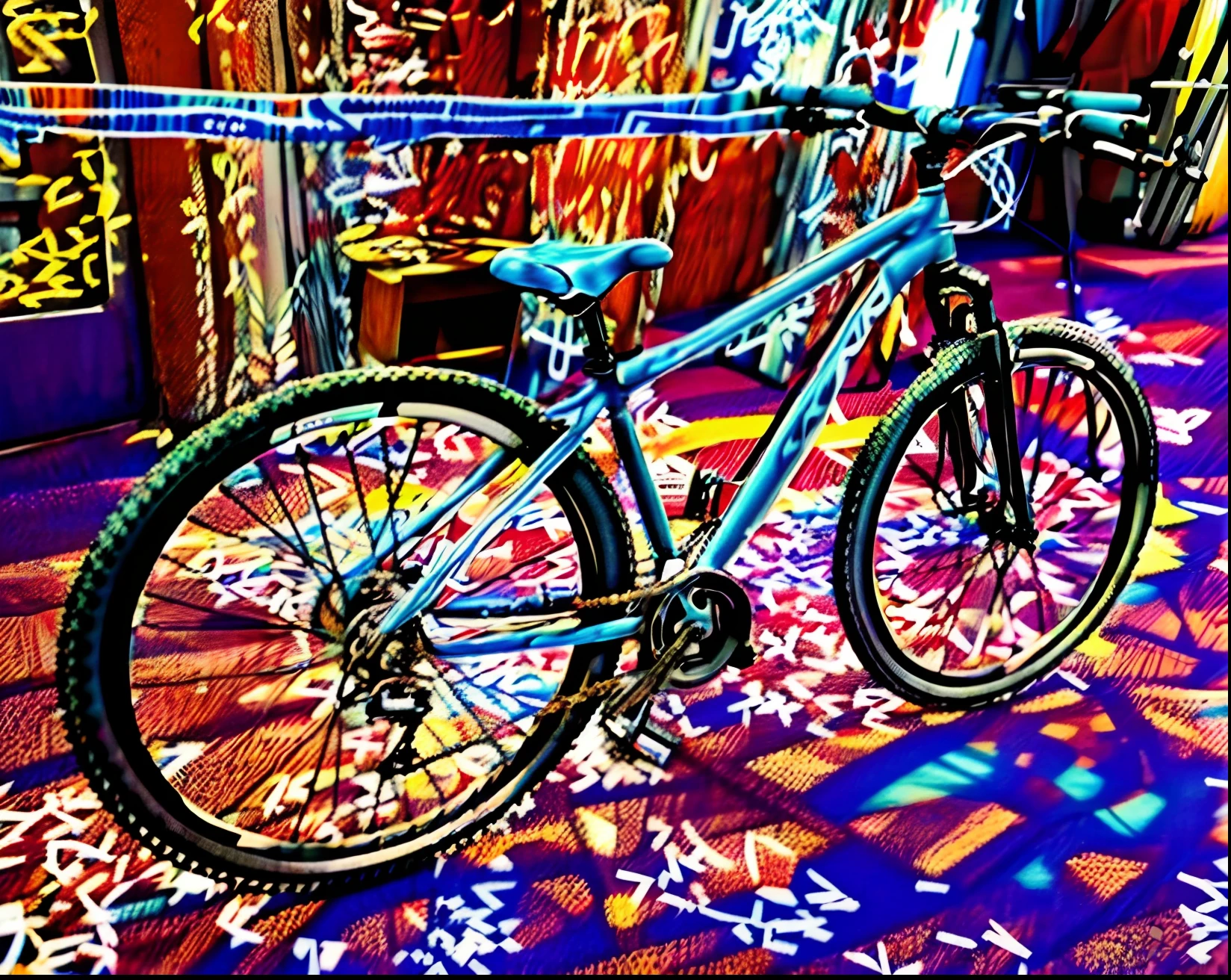 Bicicleta AZUL ROYAL BRILHANTE  muito brilhante,fundo DA IMAGEM multi colorido estilo Eduardo kobra,ROMERO BRITO AND THE TWINS graffiti ,512k ULTRA REALISTA EM 4D,Floor details FLOWERY BIRDS ETC