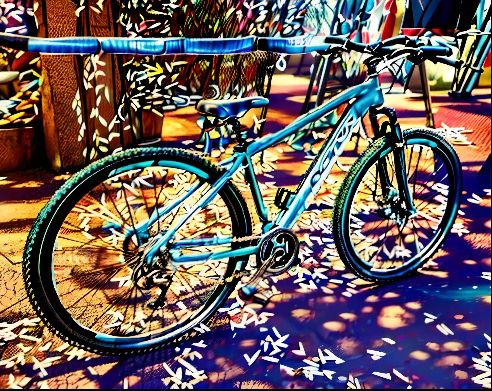 Bicicleta AZUL ROYAL BRILHANTE  muito brilhante,fundo DA IMAGEM multi colorido estilo Eduardo kobra,ROMERO BRITO AND THE TWINS graffiti ,512k ULTRA REALISTA EM 4D,Floor details FLOWERY BIRDS ETC