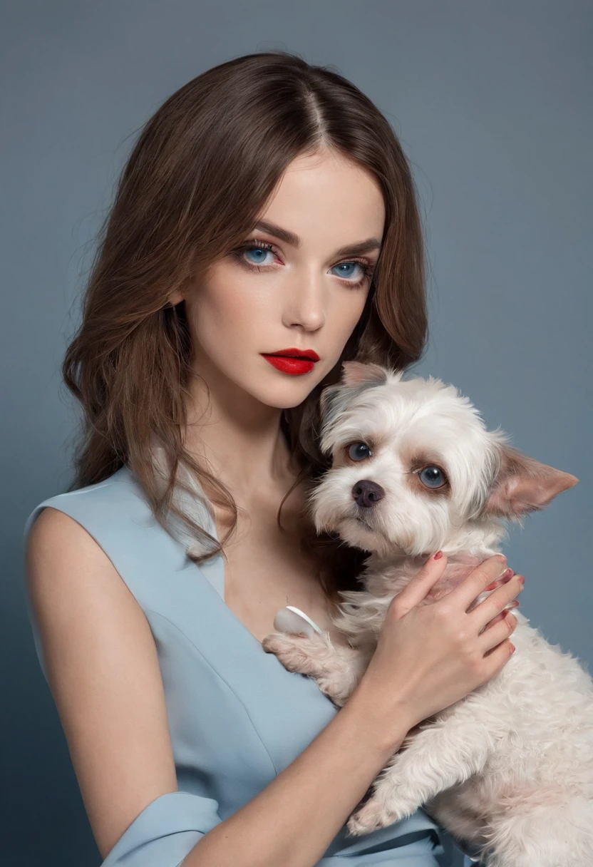 mulher loira, cabelos longos e cacheados, vestido vermelho, Blue eyes doing her nails and a small hairy dog on her feet, corpo quente