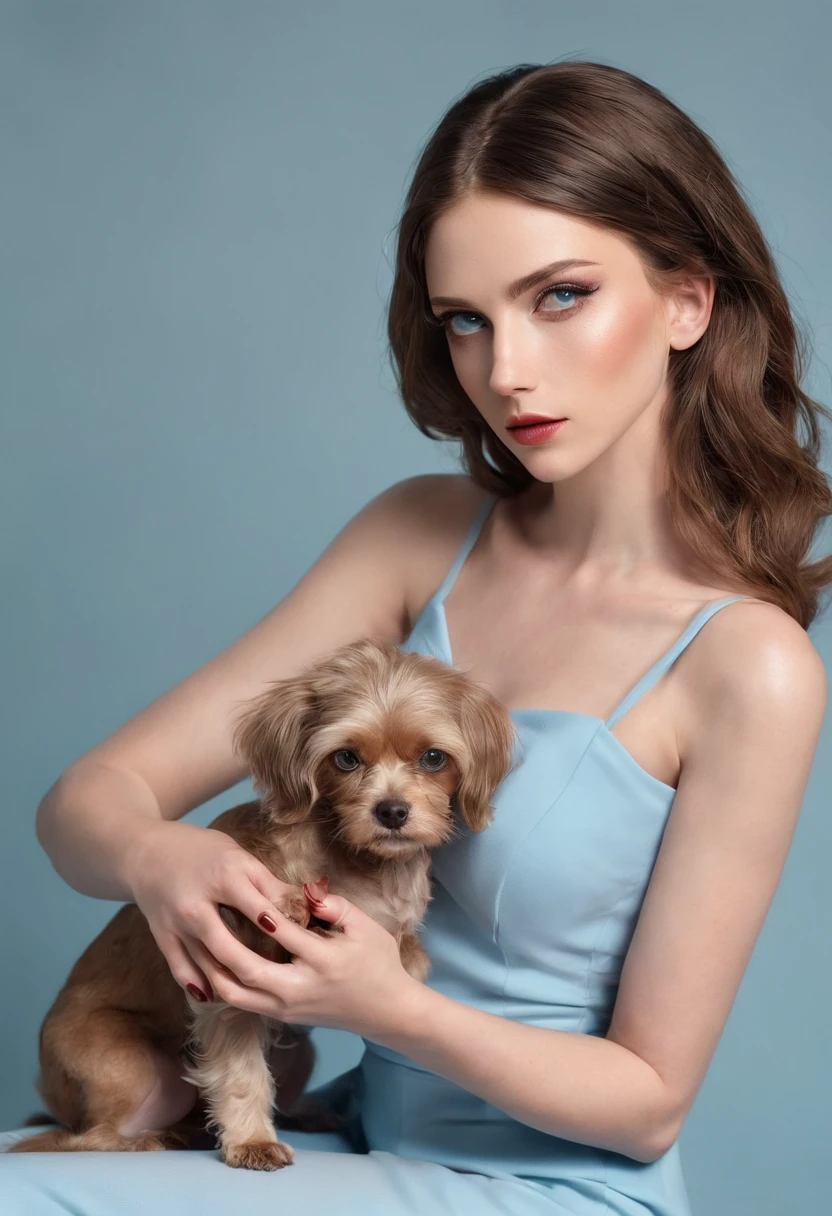 mulher loira, cabelos longos e cacheados, vestido vermelho, Blue eyes doing her nails and a small hairy dog on her feet, corpo quente