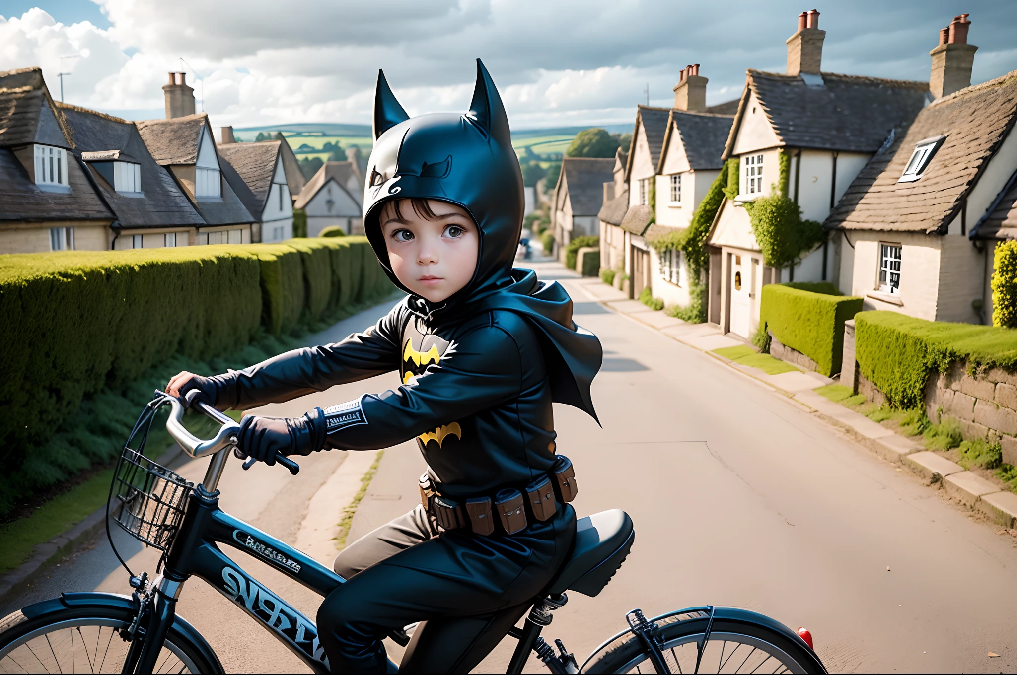 Portrait of a kid dressed in Batman  costume, outdoors, riding a bycicle in a small English village, Cotswolds village. Spring cloudy day. Highly detailed.