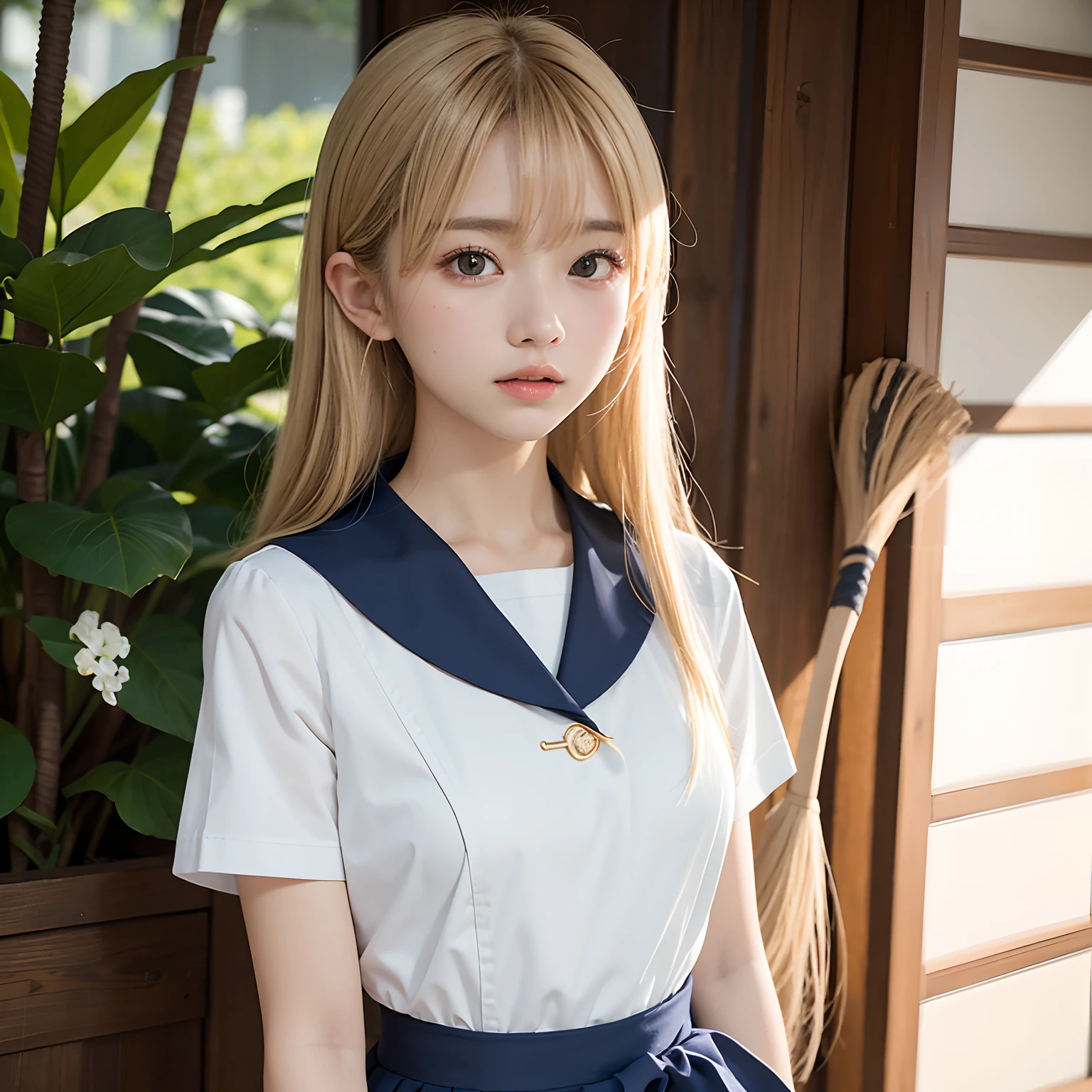 (masutepiece, Best Quality:1.2), 8K, Official art, Raw photo, Full Bord Bill Four、校服、Have a broom and duster、Cleaning scene、Wear it with a broom、Beautiful breasts are thin、years、small tits、unbelievable Ridiculous, (Upper body、校服:1.4), Beautiful Girl, Pretty Face, arching back down,、Gold hair ornament on hair、close up, Sailor Suit, Short sleeve, violaceaess, Teen, Looking at Viewer, Film grain, chromatic abberation, Sharp Focus, face lights, Dynamic lighting, Cinematic lighting, Eyes and faces with detailed, Bokeh background,