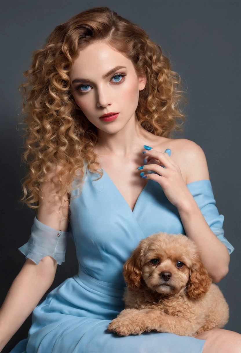 menina loira pelada, curly hair, vestido vermelho, Blue eyes doing her nails and a small hairy dog on her feet, corpo quente