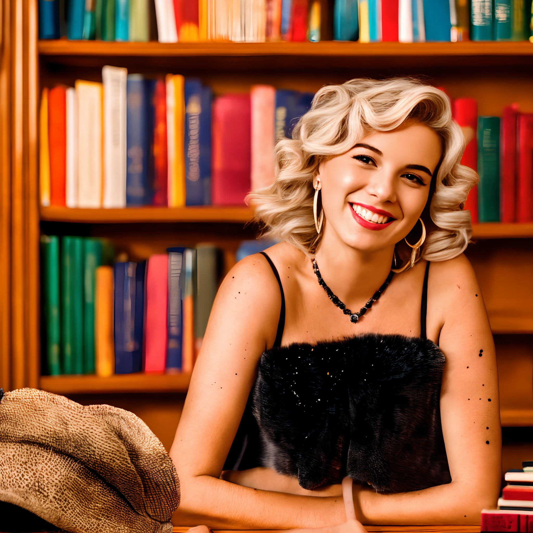 paparazzi photo of blonde Marilyn Monroe smiling and posing for a photo shoot in a library, sitting, knees_together_feet_apart, reading a book, visible genitals, naked, very diffuse light, skin moles, (single black mole on the left cheek:1.5), (single black mole on the left cheek), sensual, alluring expression, looking at viewer, bare naked smooth skin, earrings, necklace, bracelet, green_eyes, red lips. Bookcase in the background, 1950s tools, 1950s (highly detailed skin:1.2), 16k, High details. ultra high res.photorealistic:.1.4,UHD, DSLR, soft lighting, high quality, grain color film, FujifilmXT3