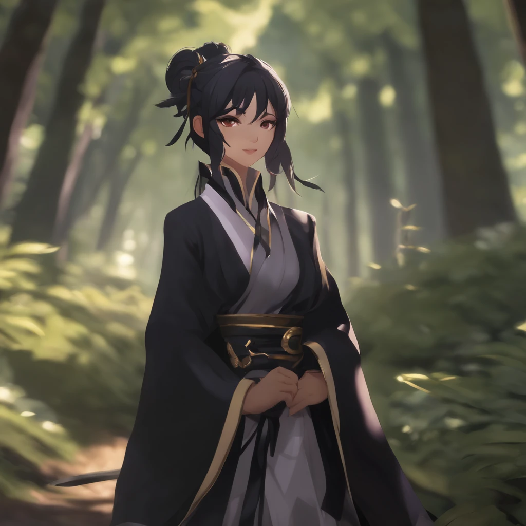Garota de anime em uma roupa roxa e preta em frente a uma floresta, Keqing de Genshin Impact, Zhongli, Genshin Impact, Heise Jinyao, Impacto de Ayaka Genshin, anime moe artstyle, Preto - Mago Cabelo, Demon Slayer rui fanart, ayaka jogo genshin impact, yun ling, Inspirado em Song Maojin