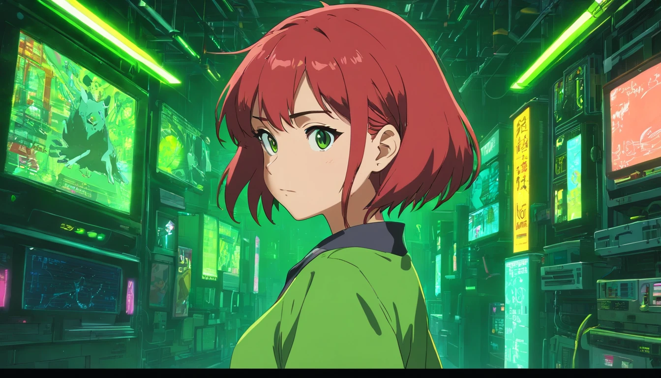 A red-haired woman in a green shirt in front of a black animated backdrop, menina lofi, 8 0 s vibe anime, anime vibes, Digital anime illustration, retro anime girl, menina anime sedutora, Elogio Artstyle, no estilo de arte do anime 8 0 s, estilo anime. 8k, arte digital do anime cyberpunk, estilo anime 4K, mulher com pouca roupa.