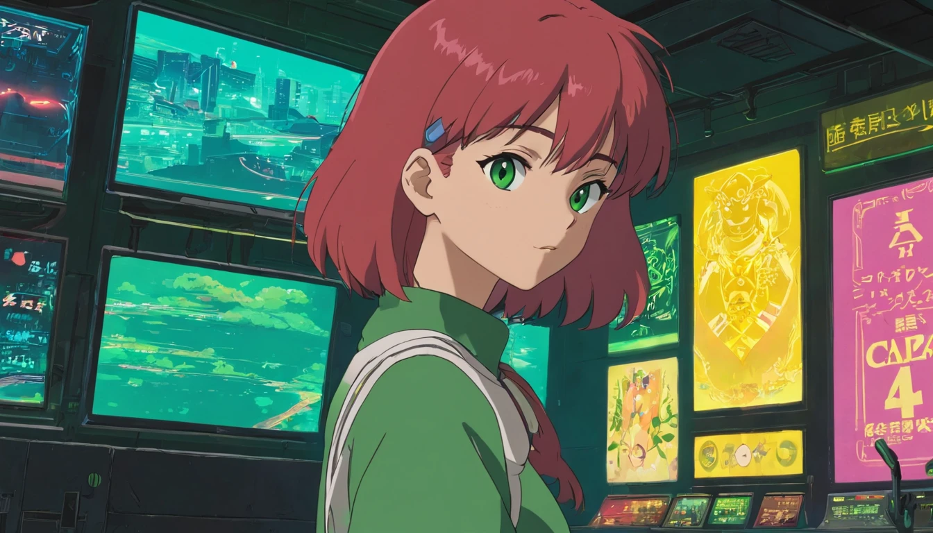 A red-haired woman in a green shirt in front of a black animated backdrop, menina lofi, 8 0 s vibe anime, anime vibes, Digital anime illustration, retro anime girl, menina anime sedutora, Elogio Artstyle, no estilo de arte do anime 8 0 s, estilo anime. 8k, arte digital do anime cyberpunk, estilo anime 4K, mulher com pouca roupa.