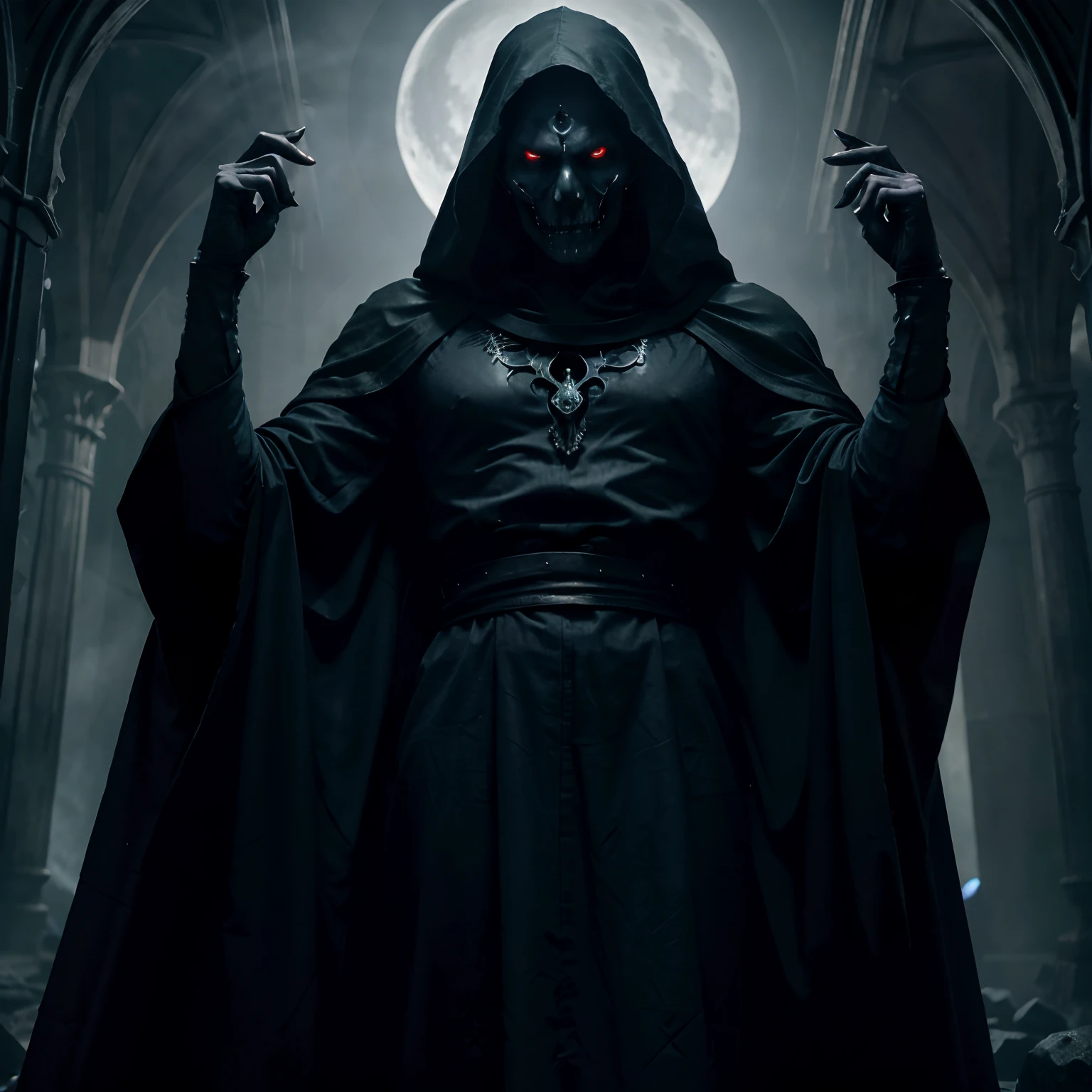 Ainz Ooal Gown, (best quality,4k,8k,highres,masterpiece:1.2),ultra-detailed,(realistic,photorealistic,photo-realistic:1.37), the supreme ruler of the Great Tomb of Nazarick, holding his scepter of domination high in the air as he stands atop a pile of skulls, (dark atmosphere:1.1, eerie lighting) creating a menacing presence. Ainz Ooal Gown, with (piercing glowing red eyes), (pale, ghostly, undead complexion) and (flowing dark robes:1.15) draped around him, exudes an aura of immense power and control.
The Great Tomb of Nazarick, (grim and foreboding) in its structure, looms in the background with its towering spires and intricate architecture. Surrounding the tomb are (moody, misty) (dark forests), casting long shadows and giving an otherworldly feel to the scene. (Moonlight:1.2) filters through the leafy canopy, illuminating small patches of the scenic undergrowth.
The scepter of domination, adorned with (intricate carvings), emanates a (subtle blue ethereal glow) that illuminates Ainz Ooal Gown's hands and the skulls beneath him. Each skull (exquisitely detailed) and (cracked) adds to the sense of power and dominance that Ainz holds.
The (monotone color palette:0.9) gives the image a (sinister, ominous) tone, with (deep shades of black and purple) dominating the overall composition. Highlights of (glowing red and blue:0.9) punctuate the scene, enhancing the eerie ambiance.
The (haunting, solemn) expression on Ainz Ooal Gown's face, coupled with the (subtle smile), reveals a hint of his (complex, enigmatic) personality. The attention to detail in his (slight stubble, prominent cheekbones) and (arched eyebrows) adds depth to his character, ensuring a lifelike representation.
Overall, the image captures the supernatural essence of Ainz Ooal Gown, showcasing his dominating presence and the chilling atmosphere of the Great Tomb of Nazarick.