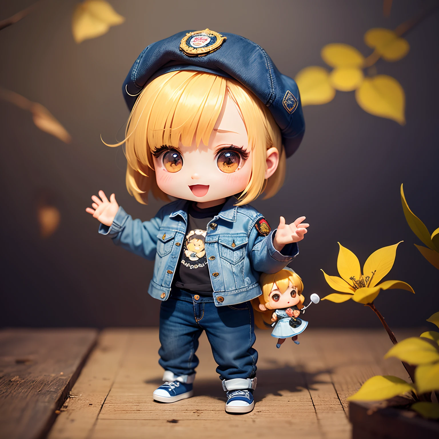 ​masterpiece、top-quality、ultra-detailliert、(Chibi Chara's Daughter:1.2)、White Bob、Blue denim jacket、damage jeans、Blue Denim Beret、(Emblem、decoration、emblem:1.3)Standing、Open your mouth and smile、Background Van Gogh's Autumn Flower Art Wallpaper