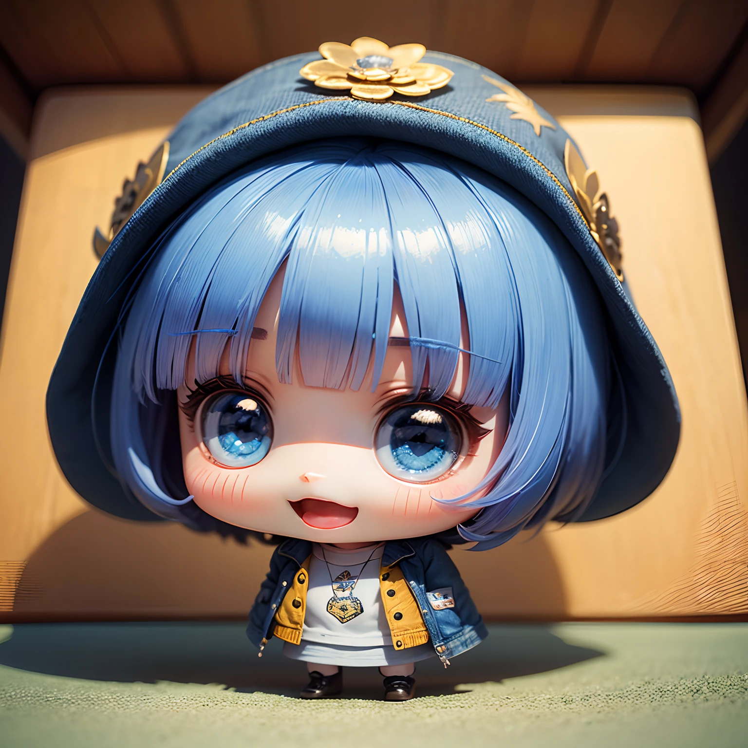 masterpiece、top-quality、ultra-detailliert、(Chibi Chara's Daughter:1.2)、White Bob、Blue denim jacket、damage jeans、Blue Denim Beret、(Emblem、decoration、emblem:1.3)Standing、Open your mouth and smile、Background Van Gogh's Autumn Flower Art Wallpaper