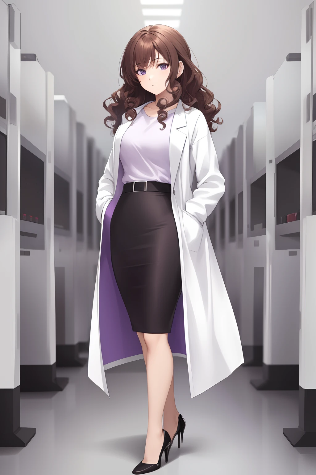 masterpiece,colorful,best quality,solo,1girl,teenager,hazel eyes, highres, looking at viewer,standing, white labcoat, (purple t-shirt, black pencil skirt, black high heels), brown hair, curly hair, hands in pockets, full body, clone lab, clones growing in tanks