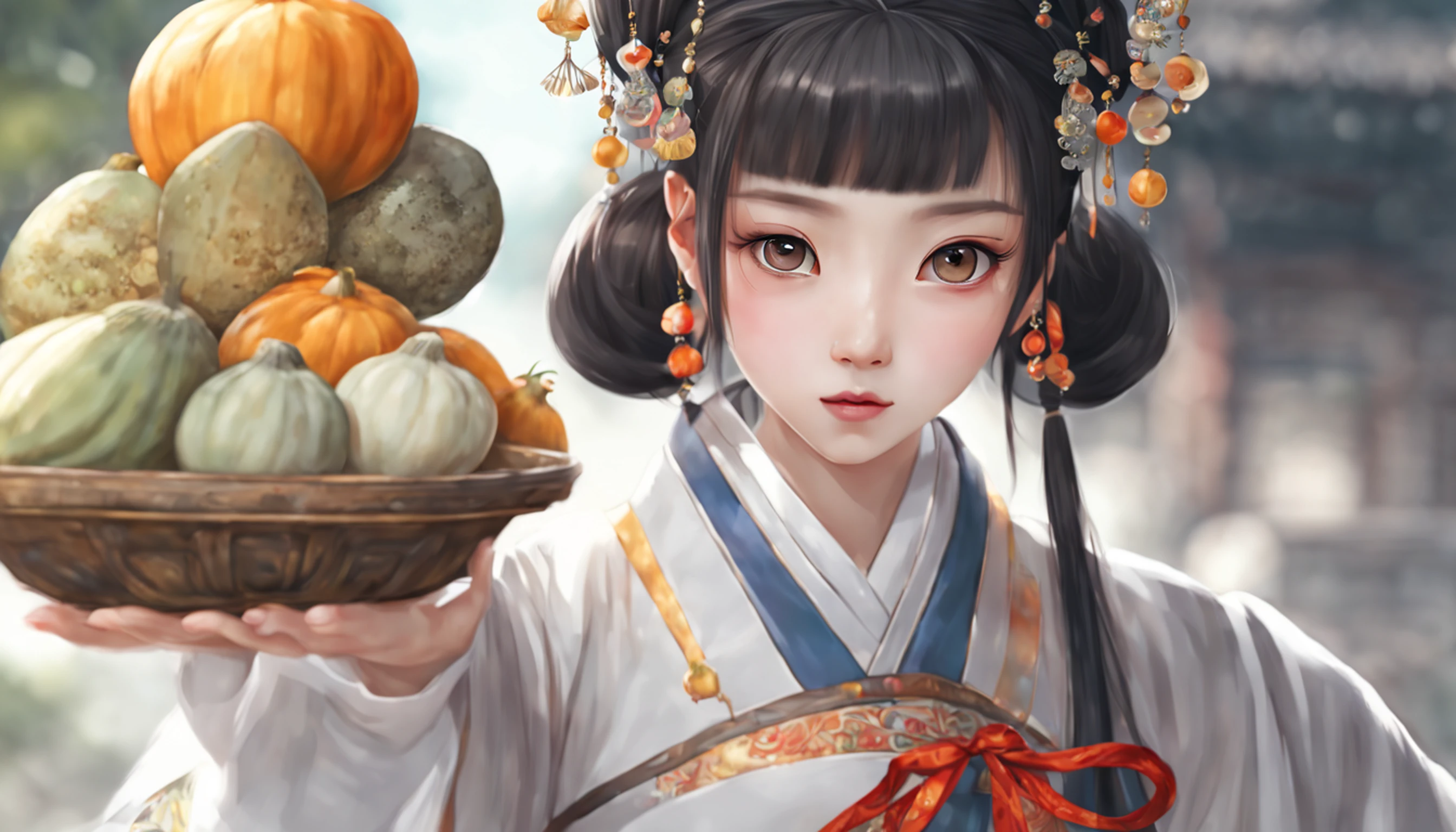 China-style,Menina da dinastia Tang,Hanfu,bonito e bonito,a ball head,Grab a bunch of sugar gourds,As ruas animadas de Chang'an,Assustador,Corpo inteiro como,Detalhado e preciso,profundidade de campos,8k,A high resolution,tmasterpiece,Beautiful wallpapers,alta qulidade,alto detalhe,s o rosto perfeito,arte oficial,desfoque backgroun, --Niji 5 --Q 2