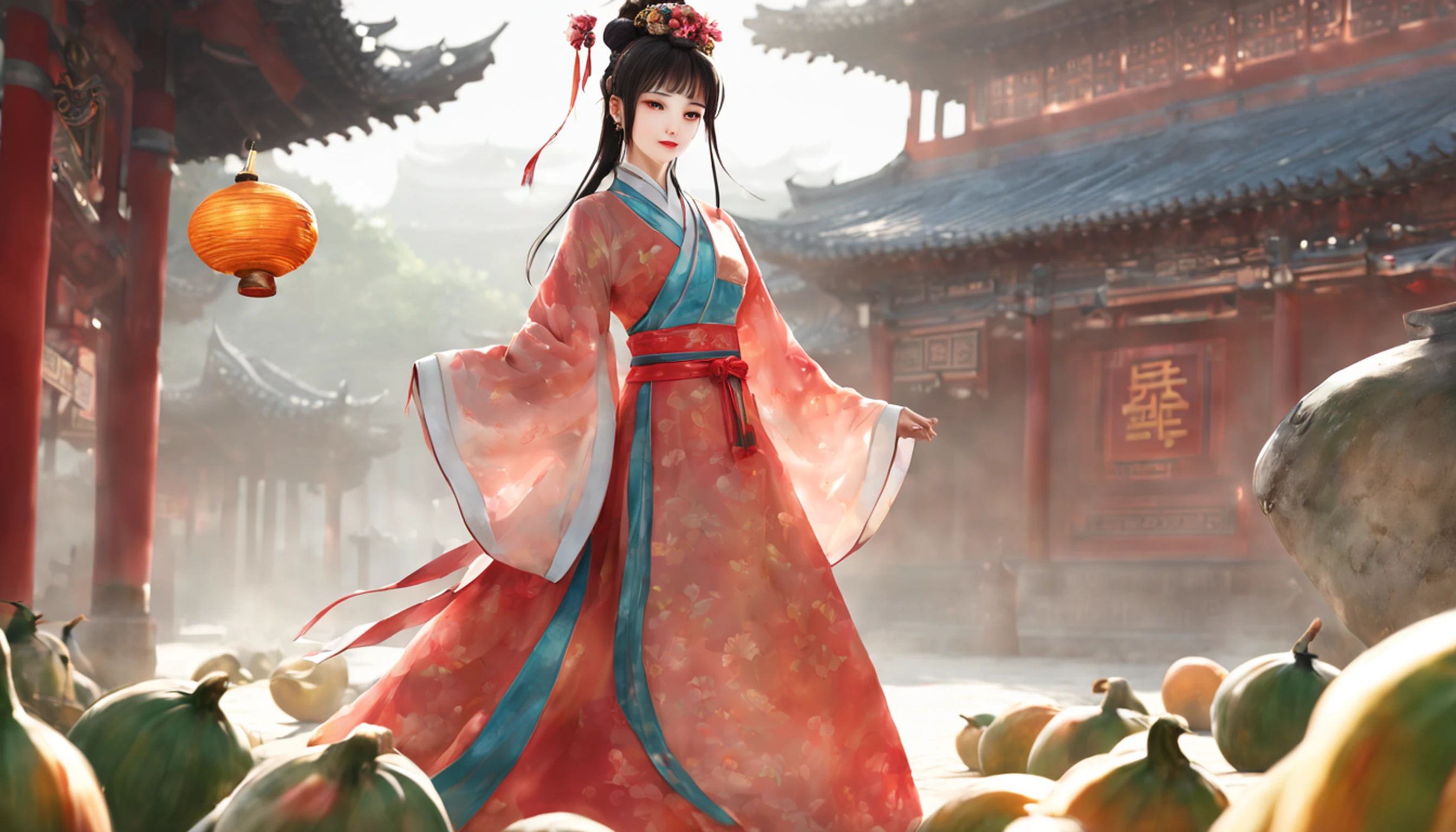 China-style，Menina da dinastia Tang，Hanfu，bonito e bonito，a ball head，Grab a bunch of sugar gourds，As ruas animadas de Chang'an，Assustador，Corpo inteiro como，Detalhado e preciso，profundidade de campos，8k,A high resolution,tmasterpiece,Beautiful wallpapers,alta qulidade,alto detalhe,s o rosto perfeito,arte oficial,desfoque backgroun, --Niji 5 --Q 2