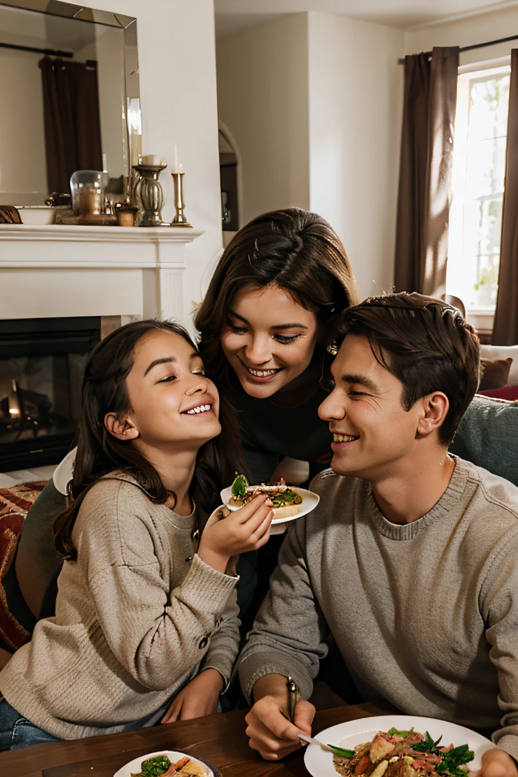 a family happily enjoying a meal together in a cozy living room
