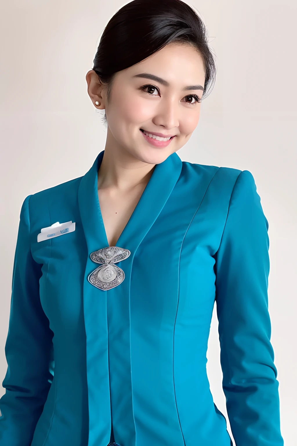 photo of a woman wearing garudaindonesia uniform, solo focus, posing for a photo, (detailed face), simple white background, hand on hips