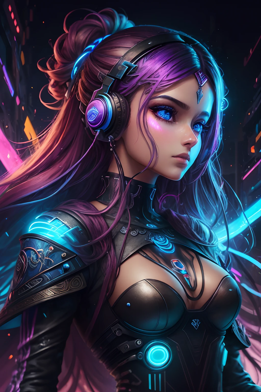arte abstrata, 3D Puzzles, garota bonita cabelos longos e vermelhos, Vestido elegante, corpo fitness, fundo abstrato, cyberpunk asthetic, cores neon, Estilo SNTHWVE, nvinkpunk baroque oil painting cloud conflict ln illustration concept art lotr anime key visual portrait sks woman delicate details 3D puzzles , Looks de beleza , Fhothoshop, digital illustation, Arte Oficial, Incredible high details, arte do photoshop, Noise effect, em cor azul escuro. Futurismo. furto. Explosion of lights, headset on the head, mulher, machine parts embedded into face, volatile, dramatic artwork, photomanipulation