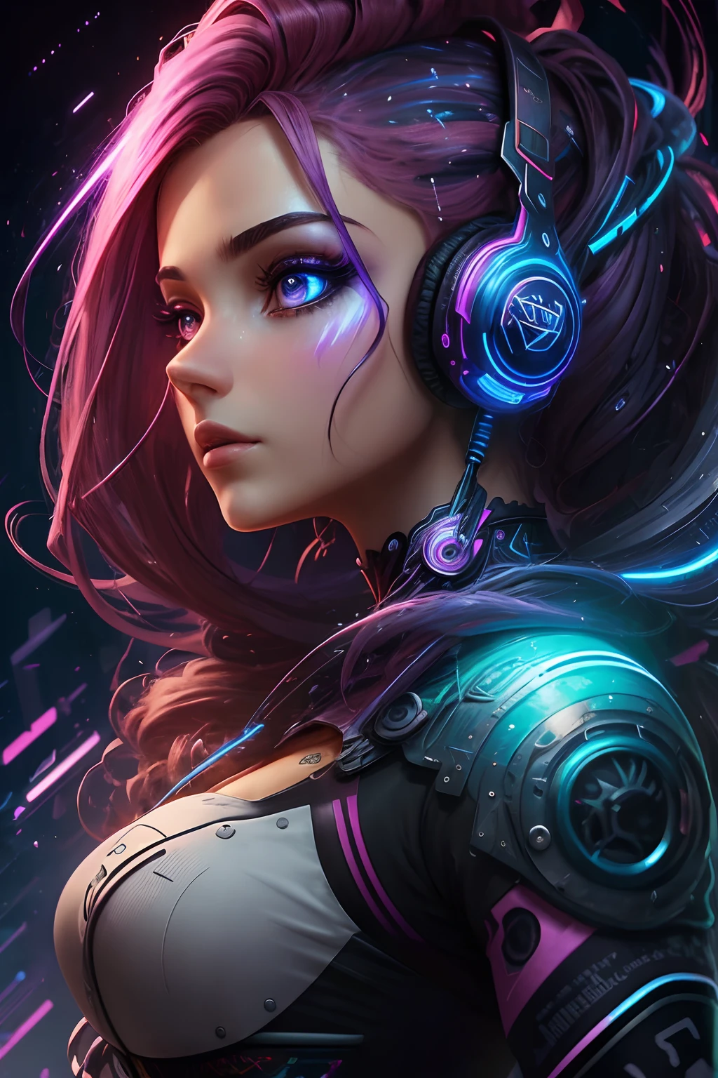 arte abstrata, 3D Puzzles, garota bonita cabelos longos e vermelhos, Vestido elegante, corpo fitness, fundo abstrato, cyberpunk asthetic, cores neon, Estilo SNTHWVE, nvinkpunk baroque oil painting cloud conflict ln illustration concept art lotr anime key visual portrait sks woman delicate details 3D puzzles , Looks de beleza , Fhothoshop, digital illustation, Arte Oficial, Incredible high details, arte do photoshop, Noise effect, em cor azul escuro. Futurismo. furto. Explosion of lights, headset on the head, mulher, machine parts embedded into face, volatile, dramatic artwork, photomanipulation