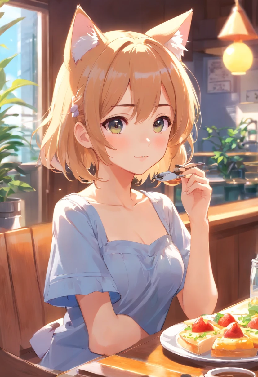 No ruffles are needed on the arms，Fique no jardim，Anime cat ear girl wearing a piece, Dressed Lori having breakfast, small curvy loli, Arte no estilo de Guweiz, Guweiz em Pixiv ArtStation, Guweiz em ArtStation Pixiv, Guweiz, menina pequena loli, Soft anime illustration, Visuais de anime de garotas fofas, arte de anime digital detalhada, she is nude