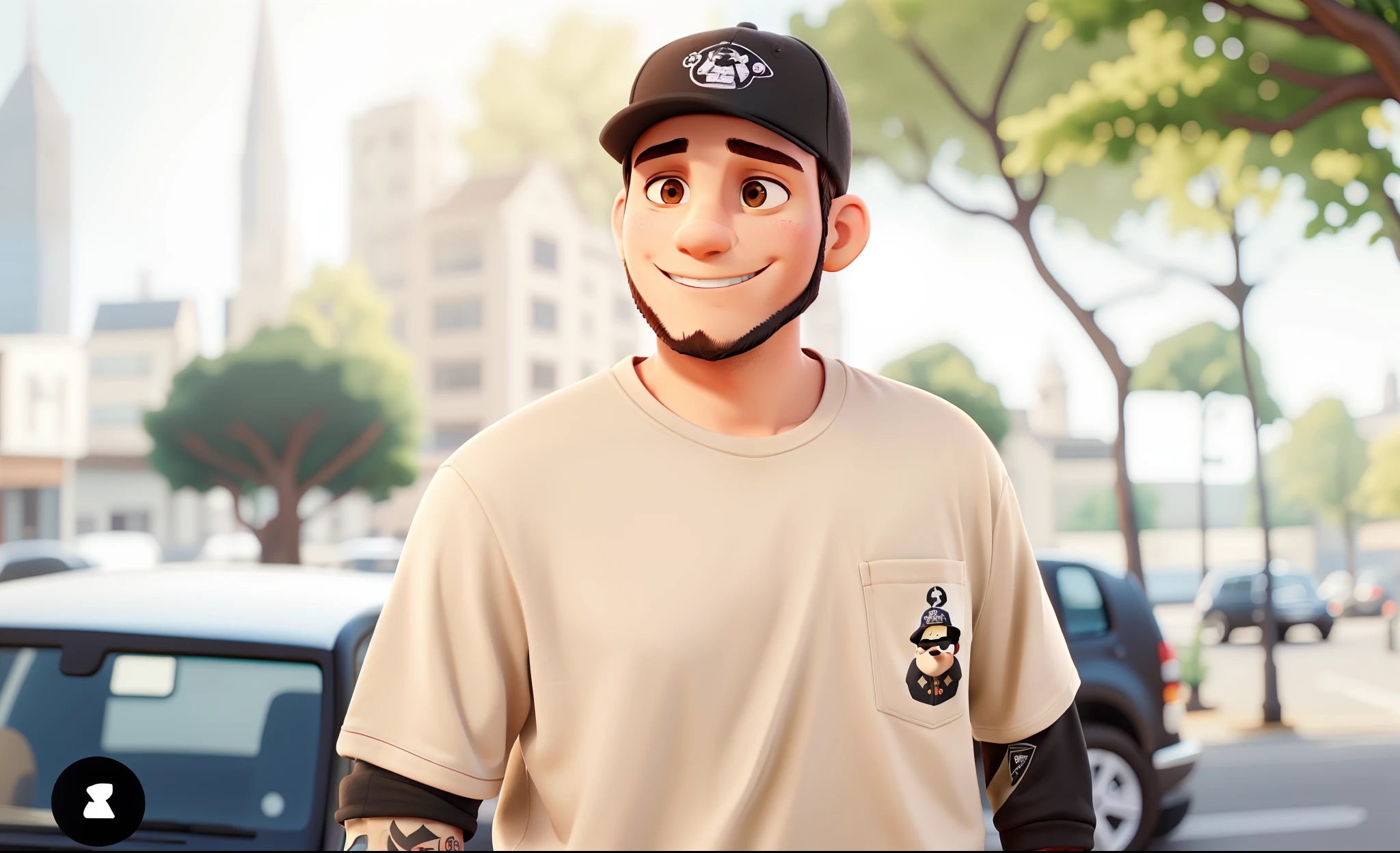 A brunette man wearing black cap, On the cap there is a bear design, Man is wearing beige t-shirt, tattoo on upper arm, sorriso grande, olho fechado quando sorri, brinco preto na orelha. It's in an environment with trees and cars.