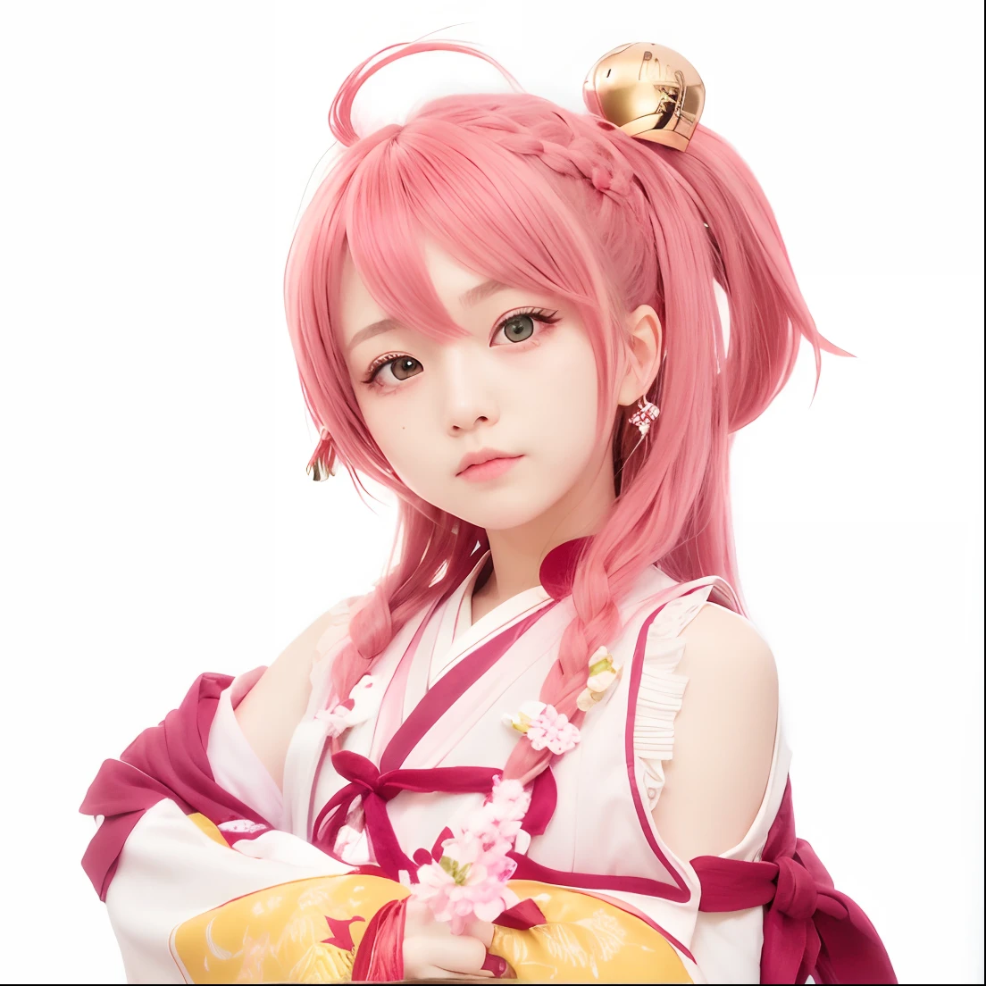 Green eyes、Pink hair、shrine maiden、Bell Hair Ornament、Stupid hair