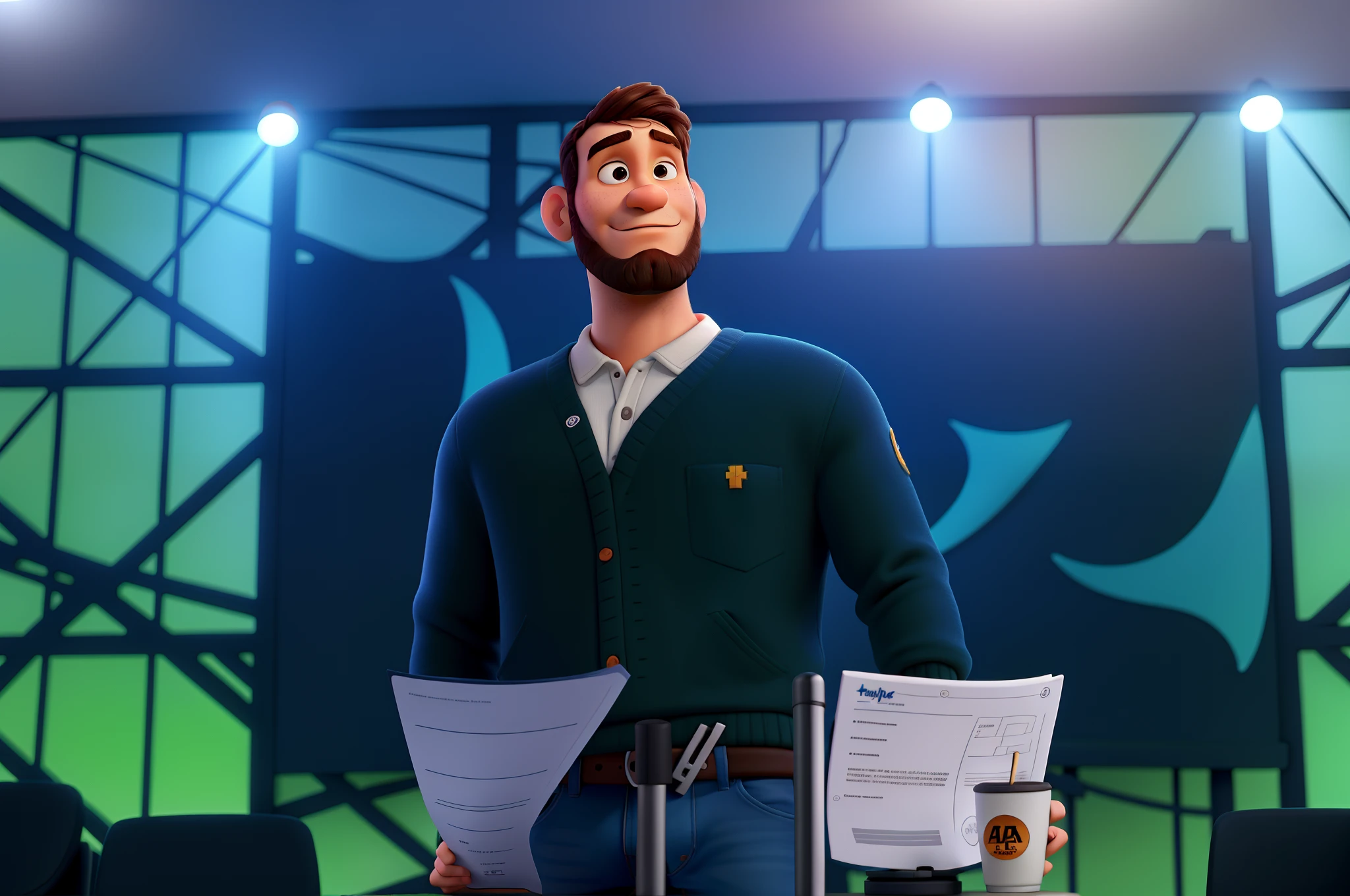 um homem branco loiro com barba usando um moletom estilo pixar falando ao microfone, alta qualidade, melhor qualidade