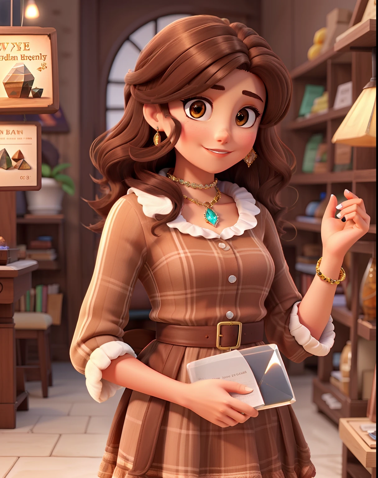 Medium brown hair woman selling crystal