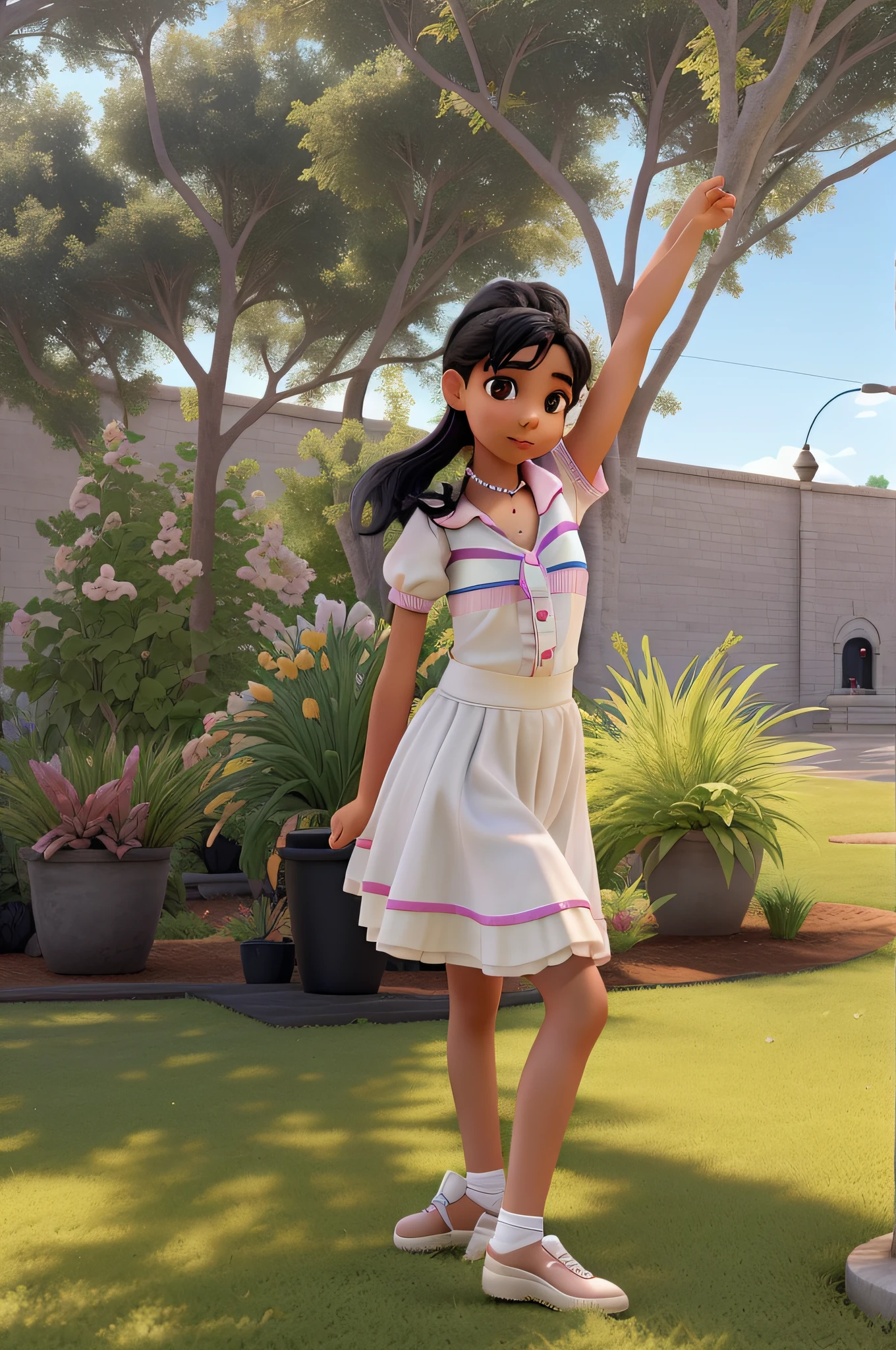 Young ballerina with medium tone skin and straight black hair dancing in a park