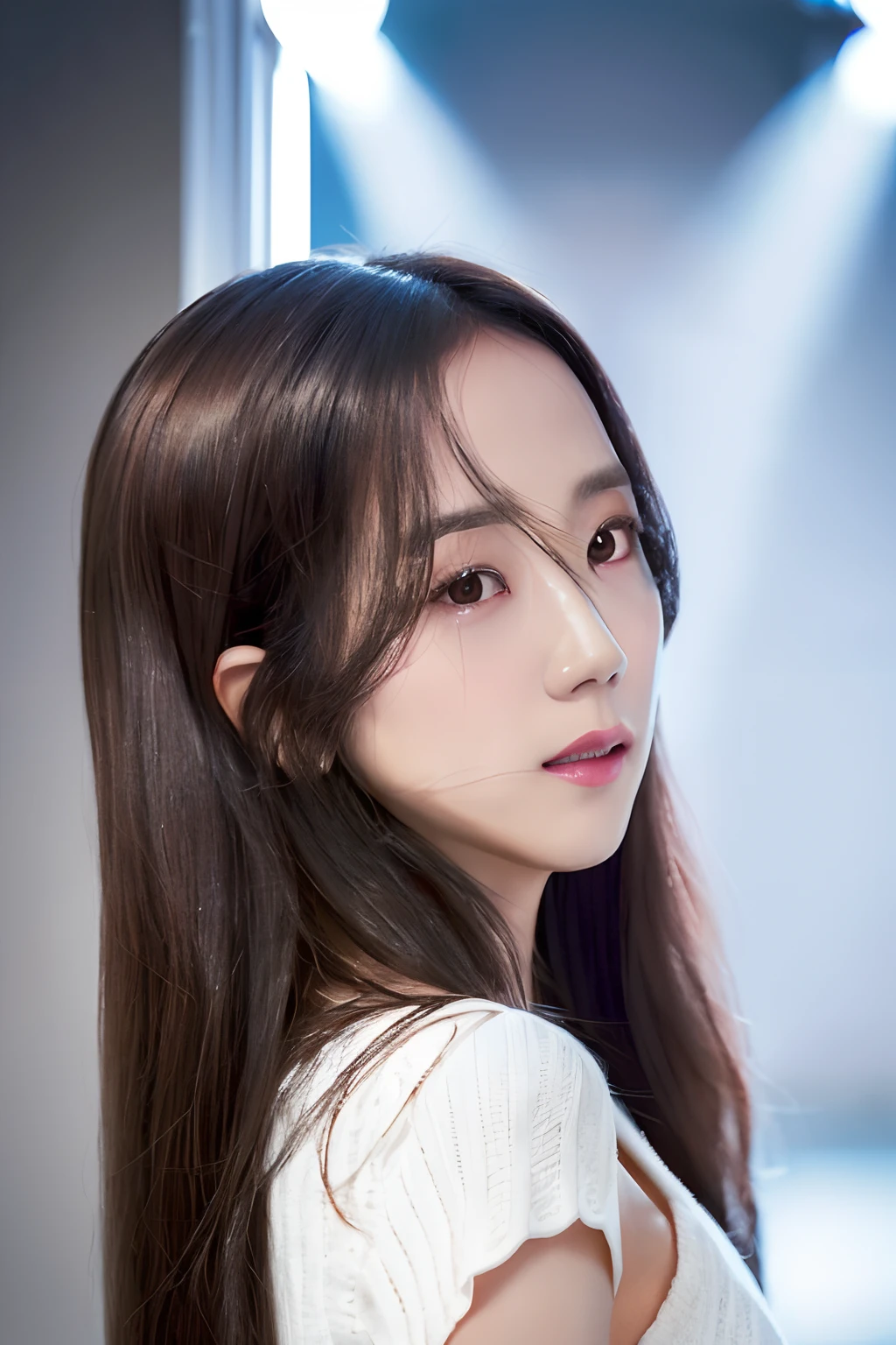 (4k,   best quality, highres:1.2), (realistic, photo-realistic:1.37),  Jisoo, 1girl,  solo, long hair, nose, parted lips , eyes, facing viewer, (looking at viewer :1.5), detailed eyes, brown eyes,
  blush , realistic, solo, long eyelashes , makeup, upper body,  strap dress
  (mole_under_eye, mole:0.1),   
realistic light, realistic shadow,   [blurry background], eye focus,  [depth of field], professional lighting, photon mapping, radiosity, physically-based rendering, High Detail, masterpiece, F/4.0, 35mm lens, (front lighting photography, catch light:1.5),