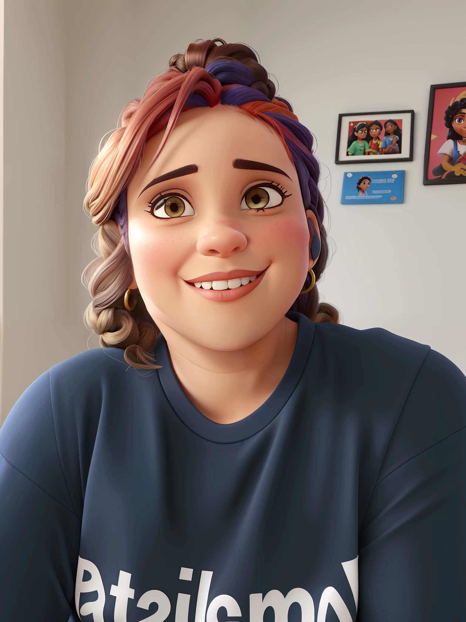 Uma mulher de batom vermelho, cabelo castanho claro liso e penteado para o lado, brinco estilo argola, camiseta preta escrito jornalista, quadro do raul seixas e marielle franco ao fundo, estilo Disney pixar, alta qualidade, melhor qualidade