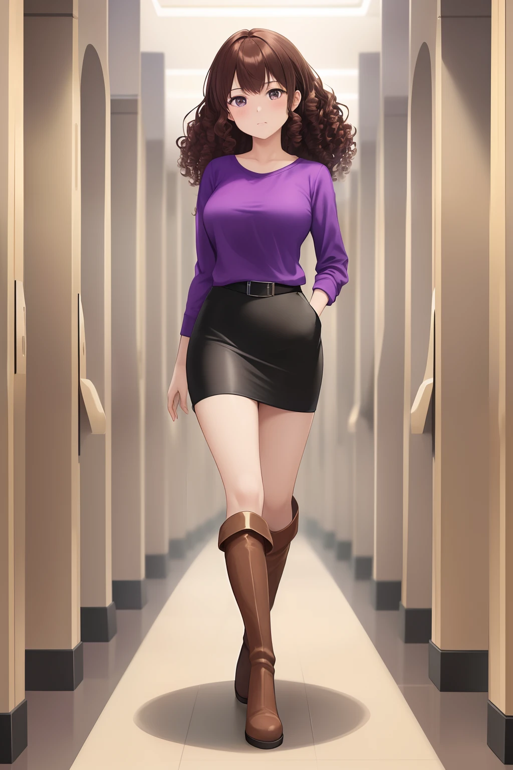 masterpiece,colorful,best quality,solo,1girl,teenager,hazel eyes, highres, looking at viewer,standing, (purple t-shirt, black pencil skirt, brown knee high boots), brown hair, curly hair, hands in pockets, full body, clone lab, clones growing in tanks