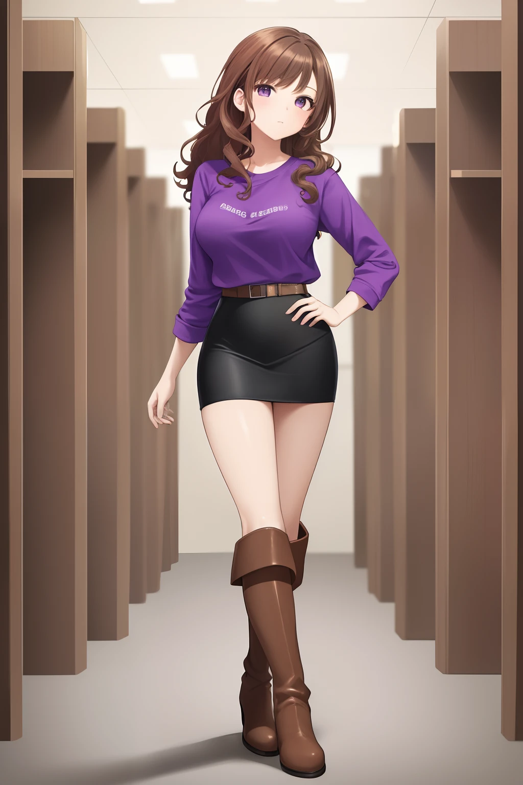 masterpiece,colorful,best quality,solo,1girl,teenager,hazel eyes, highres, looking at viewer,standing, (purple t-shirt, black pencil skirt, brown knee high boots), brown hair, curly hair, hands in pockets, full body, clone lab, clones growing in tanks