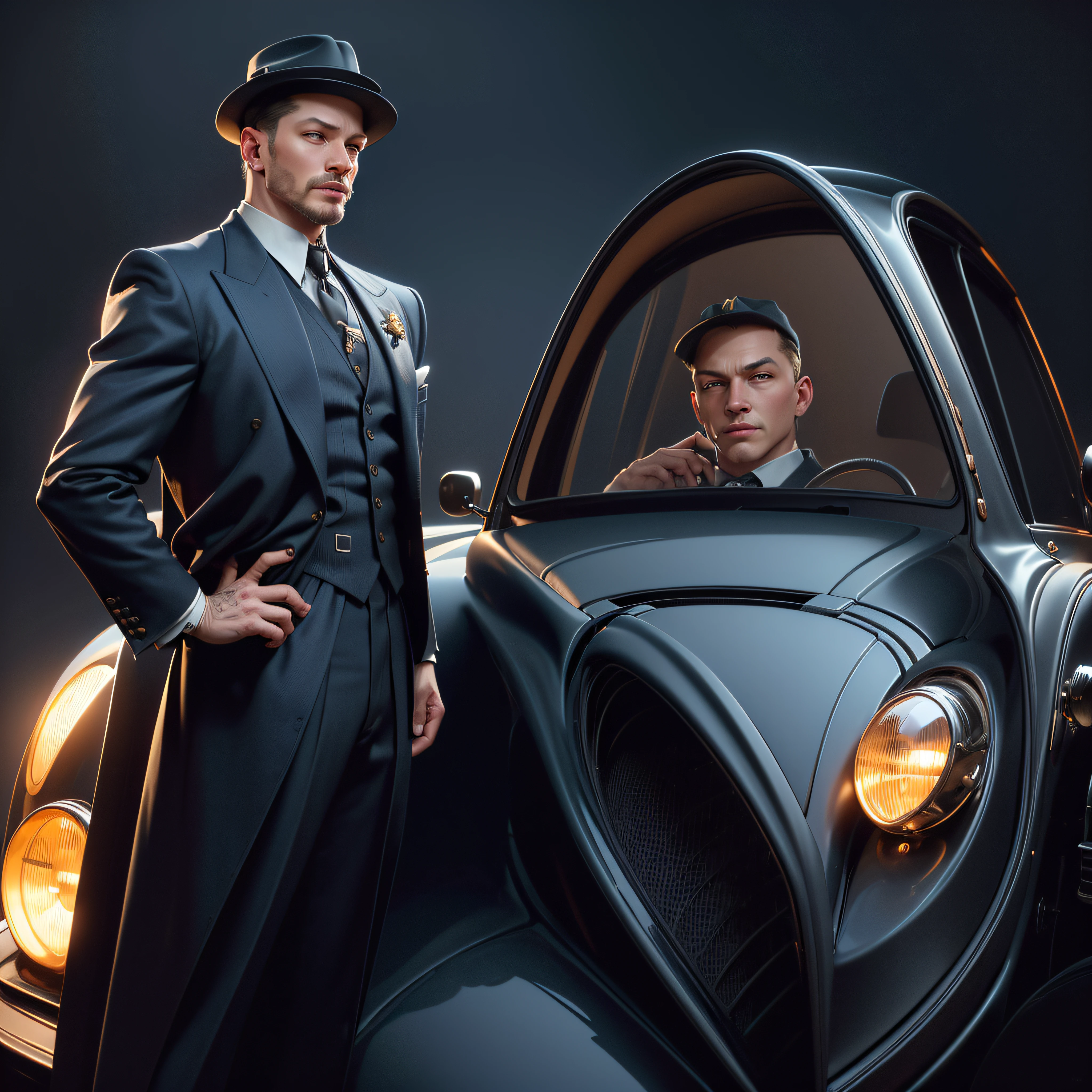 there is a man in a suit and hat standing in front of a car, tom hardy as henry dorsett case, j. c. leyendecker 8 k, inspired by Max Magnus Norman, j c leyendecker 8 k, martin ansin artwork portrait, portrait shot, inspired by László Eloquent, mucha style 4k
