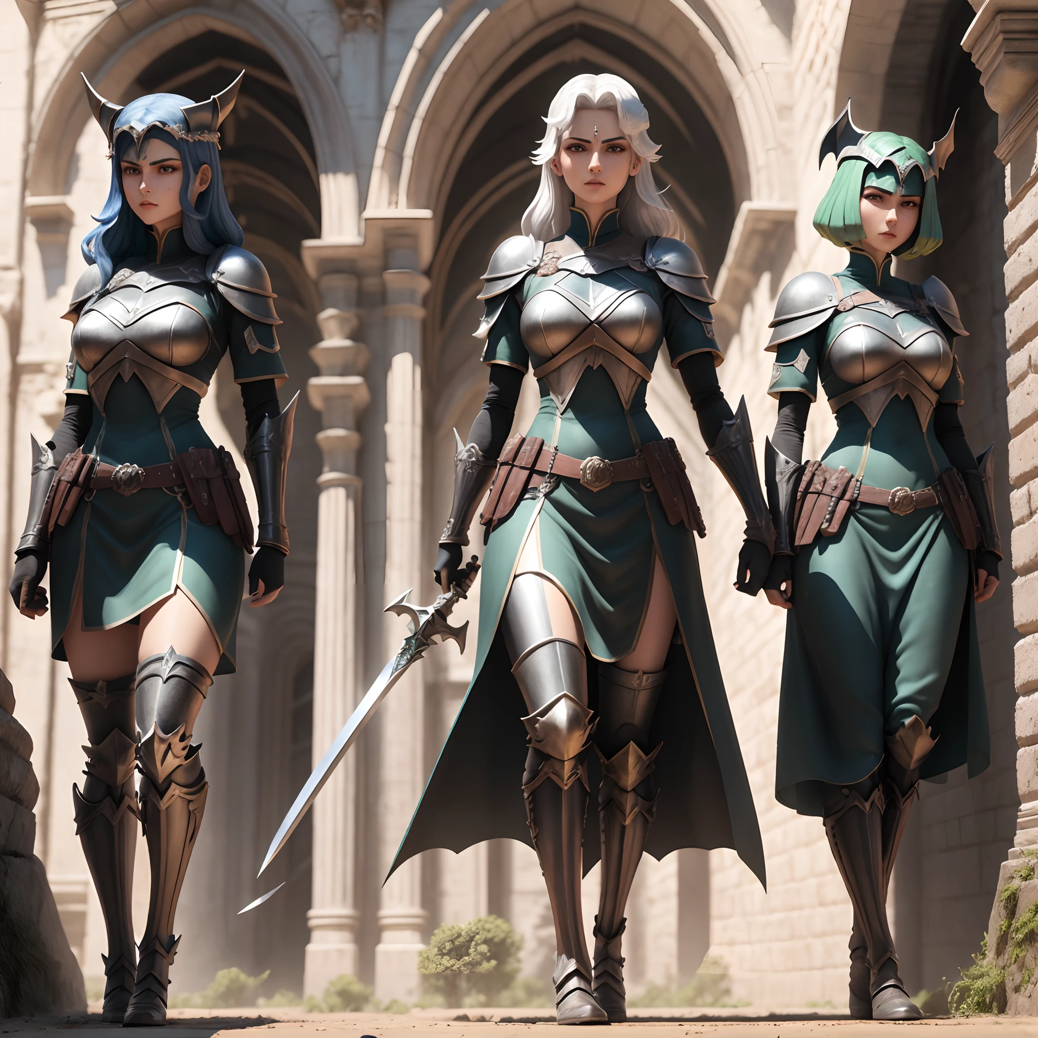 Create an image with 3 armored women, an alpha mage, a human knight and a goblin archer