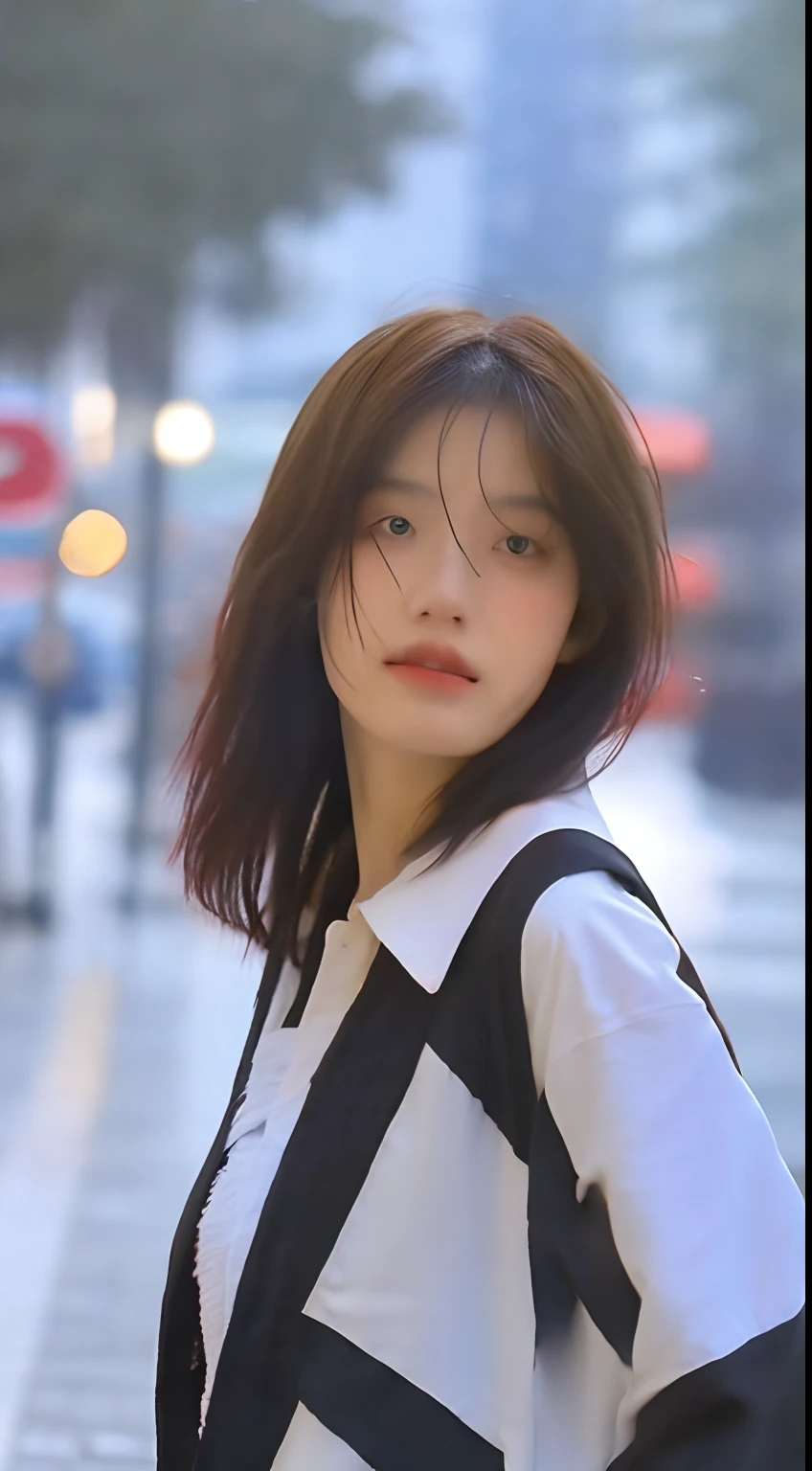 ((Best Quality, 8k, Masterpiece:1.3)), Focus:1.2, Perfect Body Beauty:1.4, Buttocks:1.2, (Layered Haircut, Breasts:1.2)), (Wet Clothes:1.1) , (Rain, Street:1.3), Bandeau Dress: 1.1, Highly Detailed Face and Skin Texture, Detailed Eyes, Double Eyelids, Whitened Skin, Long Blue Hair, Umbrella in the Rain
