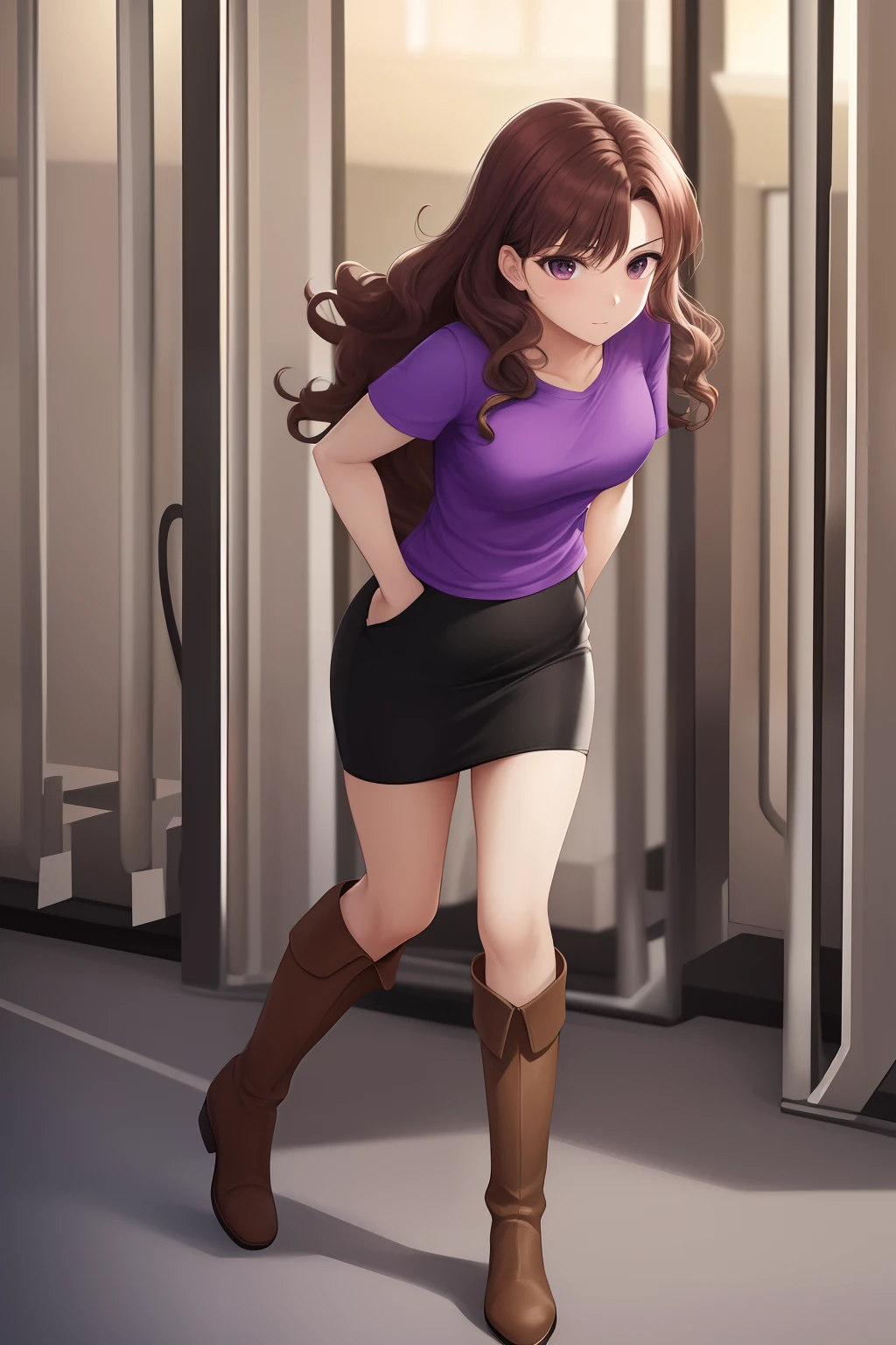 masterpiece,colorful,best quality,solo,1girl,teenager,hazel eyes, highres, looking at viewer,standing, (purple t-shirt, short sleeves, black pencil skirt, brown knee high boots), brown hair, curly hair, hands in pockets, full body, clone lab, clones growing in tanks