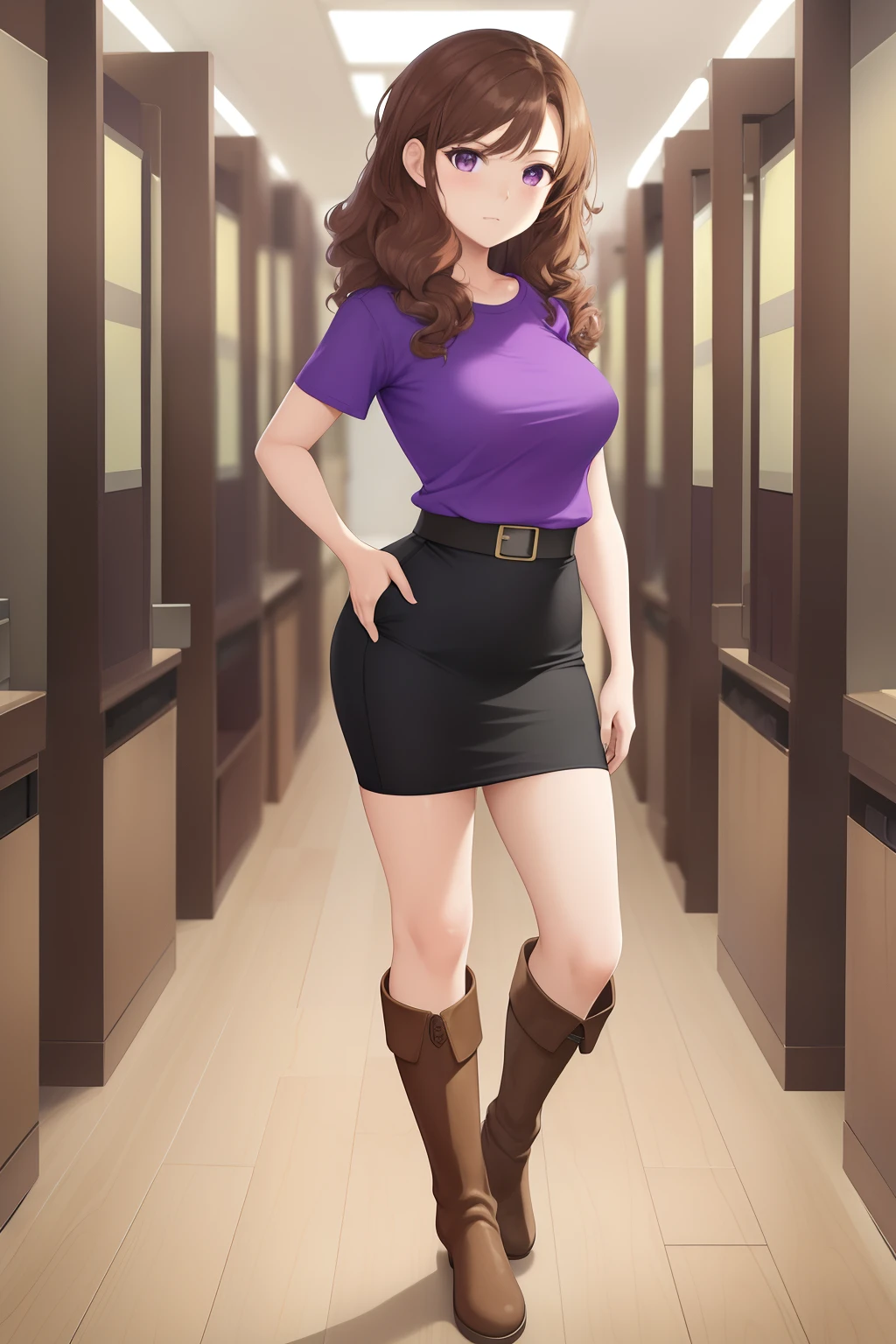 masterpiece,colorful,best quality,solo,1girl,teenager,hazel eyes, highres, looking at viewer,standing, (purple t-shirt, short sleeves, black pencil skirt, brown knee high boots), brown hair, curly hair, hands in pockets, full body, clone lab, clones growing in tanks