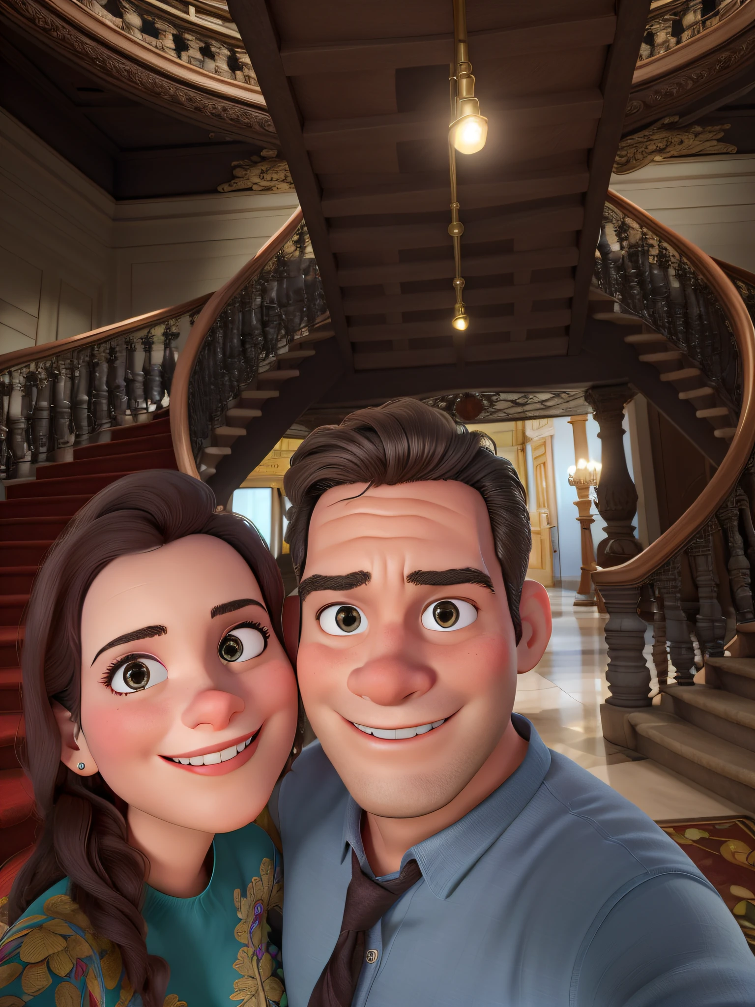 Uma mulher, um homem, Both in front of the internal staircase of the Palácio da Liberdade in Belo Horizonte, estilo disney pixar, alta qualidade, melhor qualidade