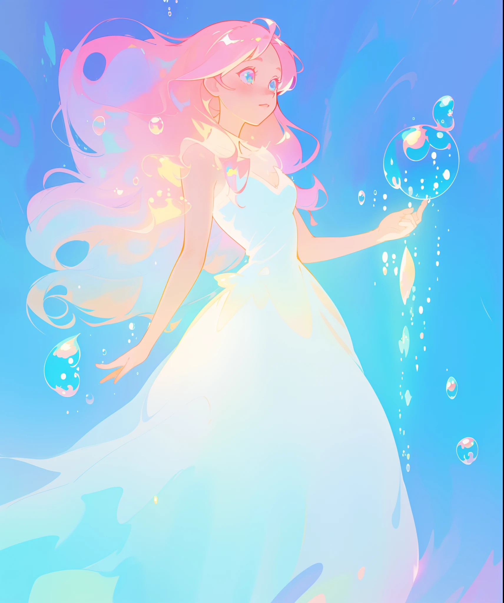 beautiful anime girl in colorful liquid dress, vibrant pastel colors, flowing long pink peach hair, beautiful white layered ballgown, (colorful), magical lights, sparkling lines of light, inspired by Glen Keane, inspired by Lois van Baarle, disney art style, by Lois van Baarle, glowing aura around her, by Glen Keane, jen bartel, glowing lights! digital painting, flowing glowing hair, glowing flowing hair, beautiful digital illustration, fantasia background, whimsical, magical, fantasy, beautiful face, ((masterpiece, best quality)), intricate details, highly detailed, sharp focus, 8k resolution, sparkling detailed eyes, liquid watercolor, (((bubbles)))