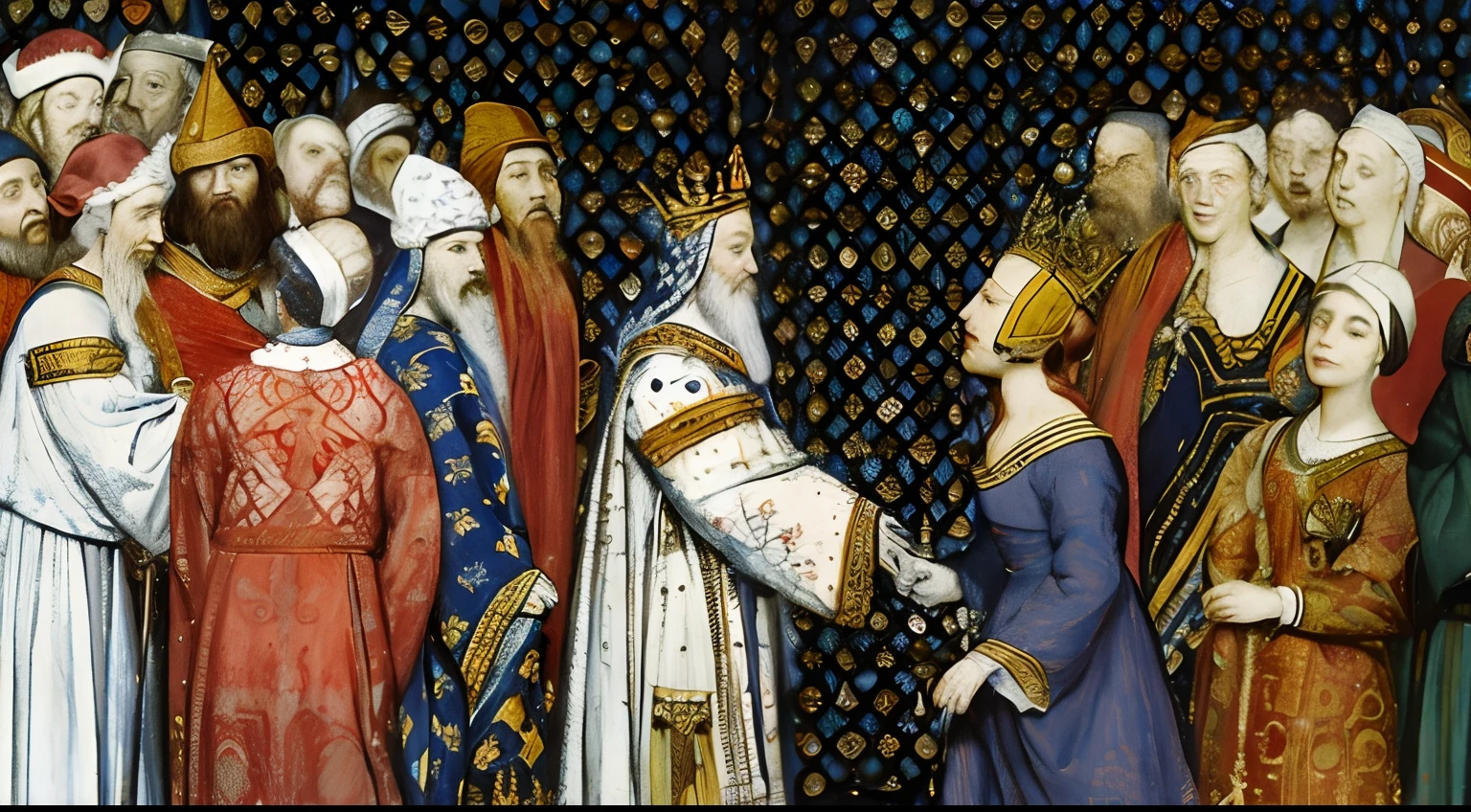 um close up de uma pintura de um grupo de pessoas, celebrando um rei sendo coroado, granting him a noble title, middle ages, vestindo vestes douradas, coronation, fotografia medieval, vestindo um manto real, Early Middle Ages, medieval, medieval illustration, usando uma coroa, Vestido com um [ [ 1 2nd century, medieval graphic, medieval manuscript illustration