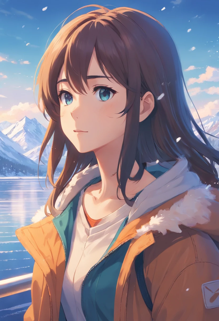 18-year-old girl, Close-up, lakeside, there are snow-capped mountains in the distance,