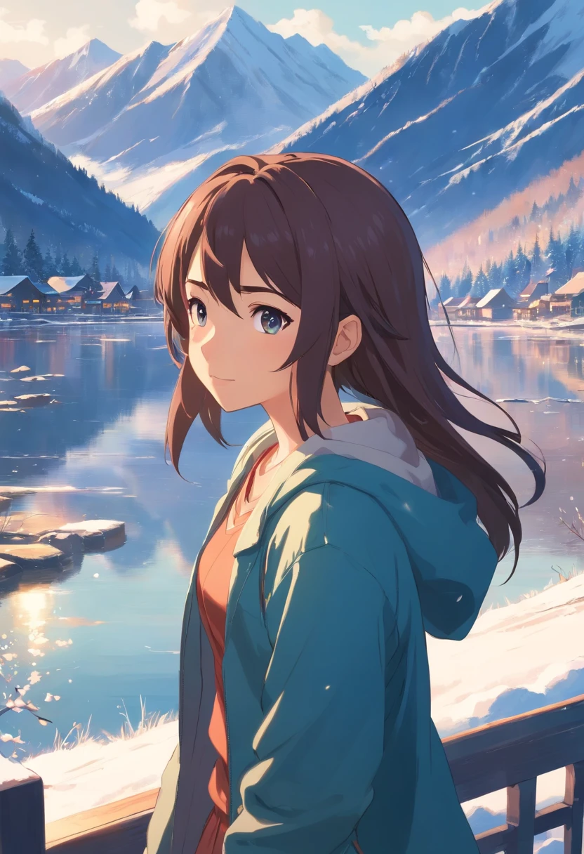 18-year-old girl, Close-up, lakeside, there are snow-capped mountains in the distance,