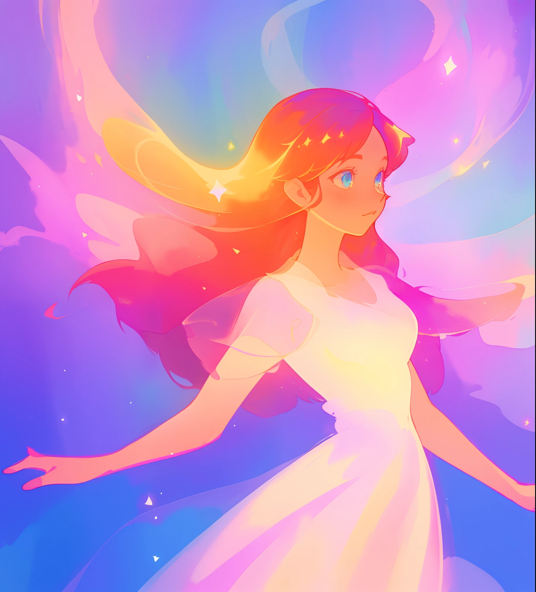 beautiful girl in colorful ballgown, long flowing red hair with golden highlights, vibrant pastel colors, (colorful), colorful watercolor background, ethereal, magical lights, sparkling liquid light, inspired by Glen Keane, inspired by Lois van Baarle, disney art style, by Lois van Baarle, glowing aura around her, by Glen Keane, jen bartel, glowing lights! digital painting, flowing glowing hair, glowing flowing hair, beautiful digital illustration, fantasia background, whimsical, magical, fantasy, beautiful face, ((masterpiece, best quality)), intricate details, highly detailed, sharp focus, 8k resolution, sparkling detailed eyes, liquid watercolor