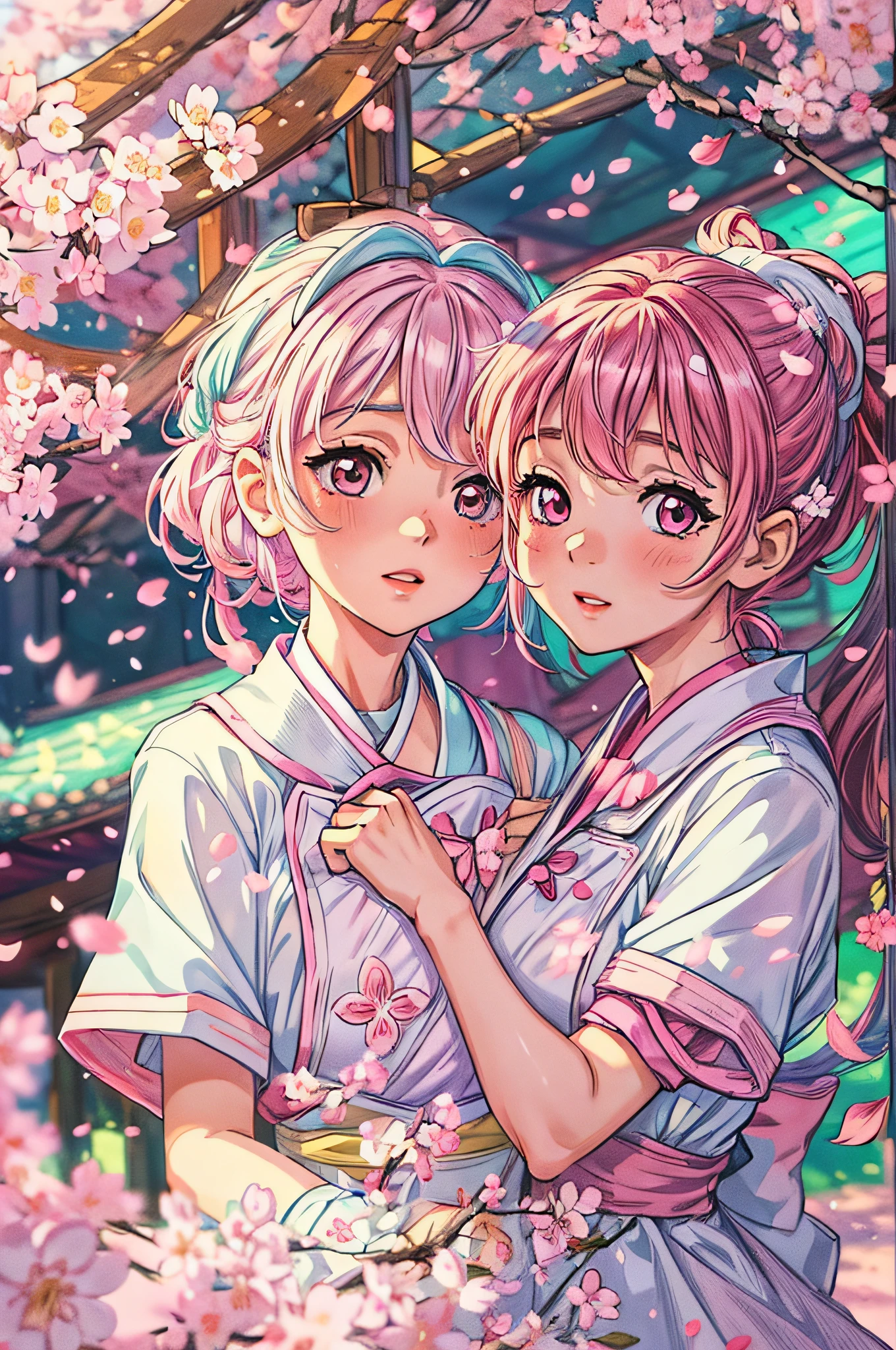 (a scene of) Cute anime girls in sakura-filled background, wearing nurse costumes, with detailed and vibrant eyes, lips, and facial features, expressing joy and innocence. The girls are surrounded by falling sakura petals, creating a dreamy and whimsical atmosphere. The artwork is done in a medium of vibrant and colorful digital illustration, with a touch of soft, pastel tones to enhance the anime aesthetic. The image quality is of the best, with high resolution (4k or 8k) and ultra-detailed rendering, capturing every delicate stroke and texture. The colors are vivid and saturated, highlighting the cherry blossom theme. The lighting is balanced, casting a warm and gentle glow, enhancing the overall enchanting ambiance of the scene.