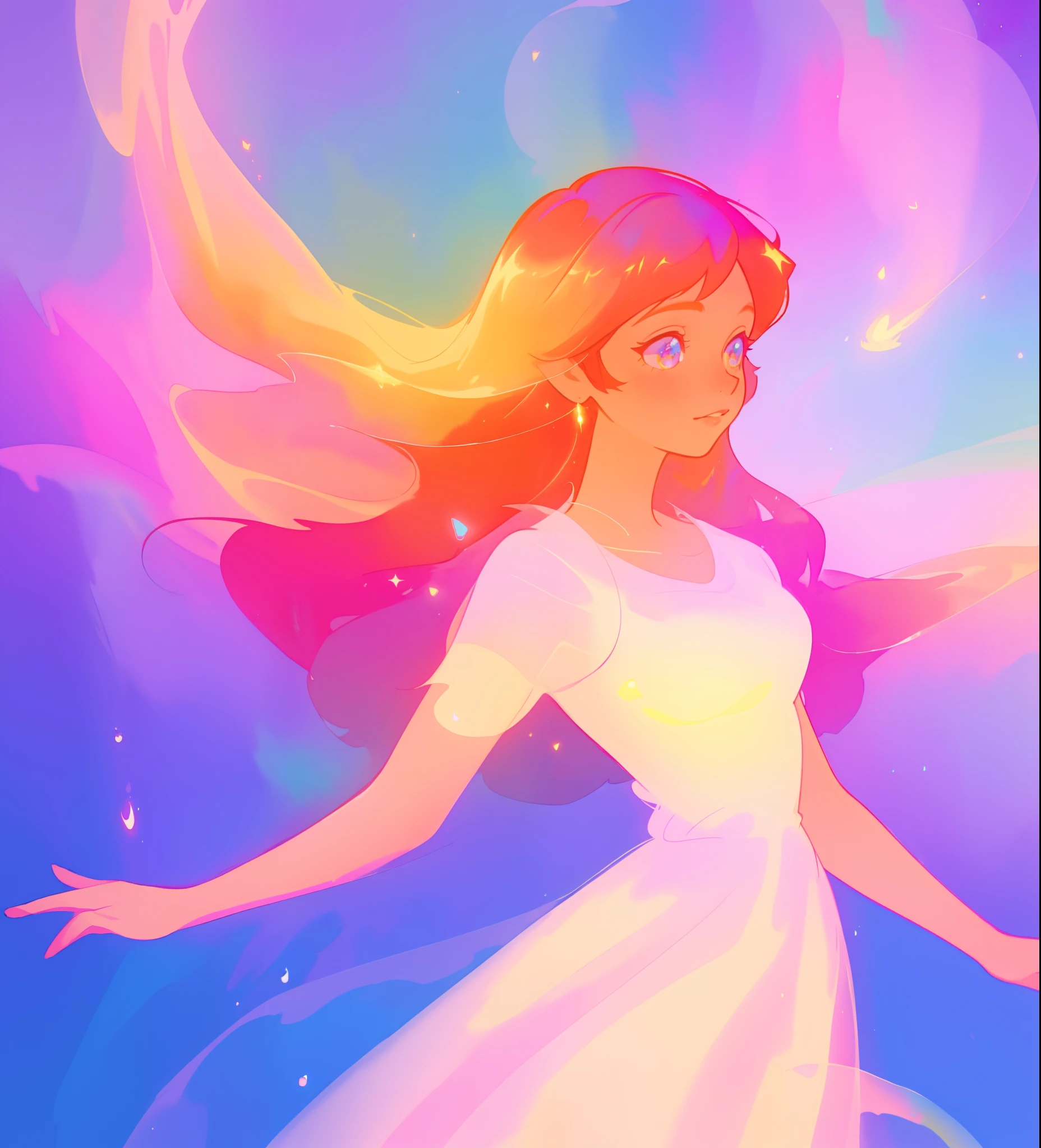 beautiful girl in colorful ballgown, long flowing red hair with golden highlights, vibrant pastel colors, (colorful), colorful watercolor background, ethereal, magical lights, sparkling liquid light, inspired by Glen Keane, inspired by Lois van Baarle, disney art style, by Lois van Baarle, glowing aura around her, by Glen Keane, jen bartel, glowing lights! digital painting, flowing glowing hair, glowing flowing hair, beautiful digital illustration, fantasia background, whimsical, magical, fantasy, beautiful face, ((masterpiece, best quality)), intricate details, highly detailed, sharp focus, 8k resolution, sparkling detailed eyes, liquid watercolor