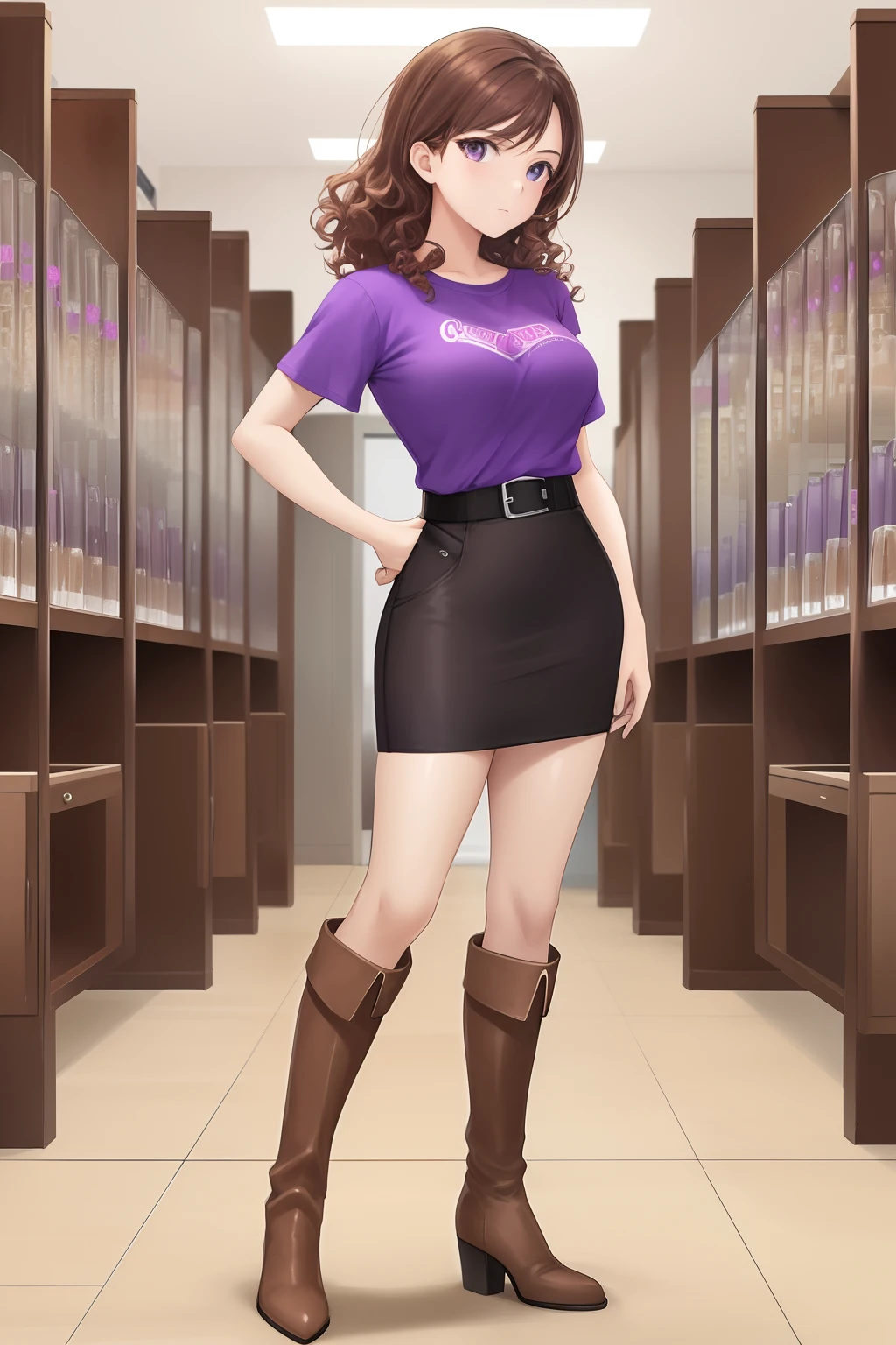 masterpiece,colorful,best quality,solo,1girl,ager,hazel eyes, highres, looking at viewer,standing, (purple t-shirt, short sleeves, black pencil skirt, brown knee high boots, heeled boots), brown hair, curly hair, hands in pockets, full body, clone lab, clones growing in tanks