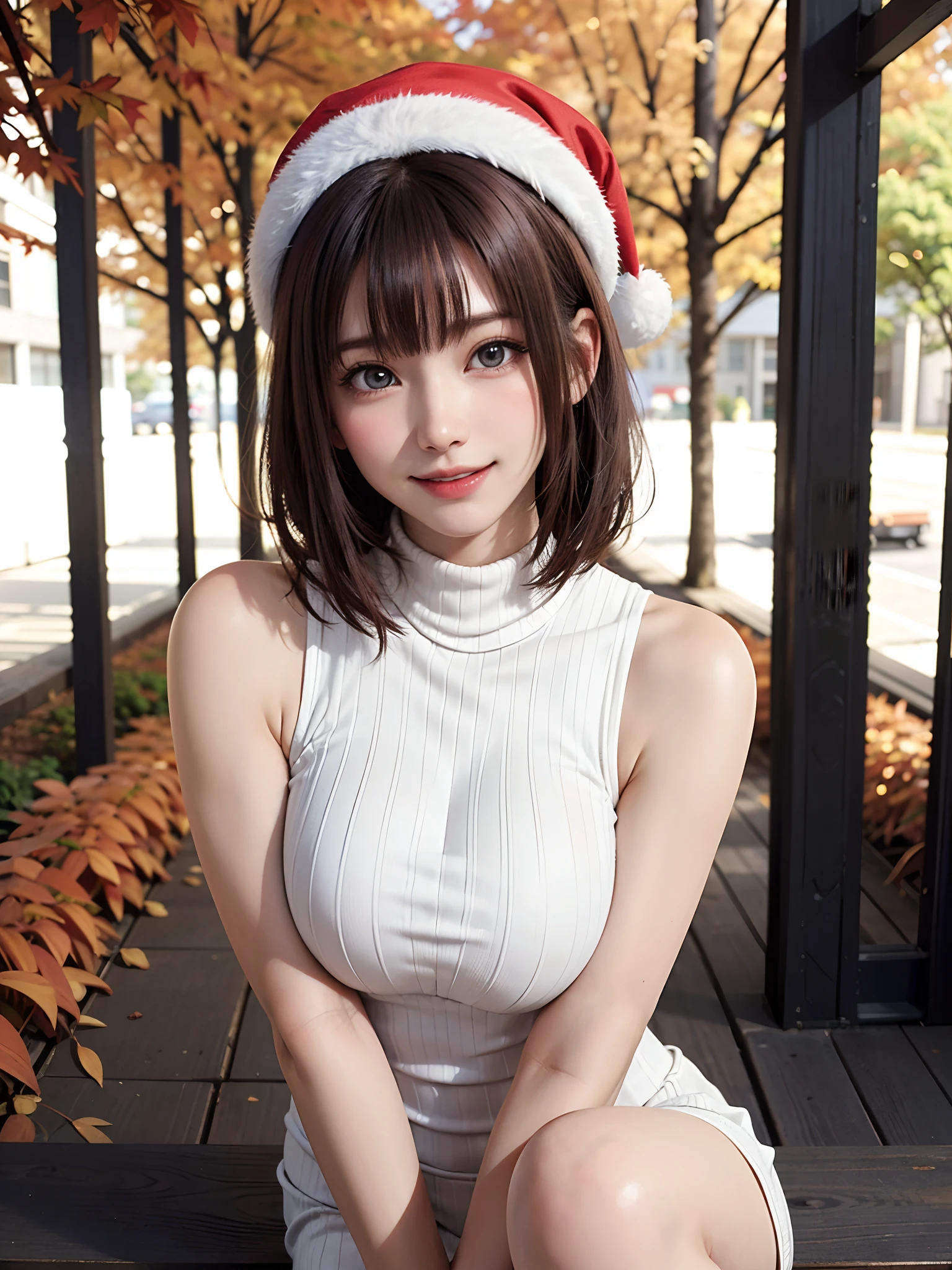 (masutepiece:1.4, top-quality、Very attractive adult beauty with a very cute smile:1.4、Add intense highlights to the eyes:1.4、Look firmly at the camera、Beautiful woman full of adult charm:1.4),1girl in, 独奏, Light brown shiny hair, muffler,Santa Claus hat:1.4,realisitic, looking at the viewers, Bright colored crystal light blue eyes:1.4, short shiny hair, Santa Claus Starneck Knit、 Red and white costume of Santa Claus in turtleneck with round hole in the center of the chest:1.4,Sexy red and blue turtleneck knit sweater with round hole in the center of chest:1.4、 s lips, lipgloss:1.4,bangss, The upper part of the body、big eye、Lashes、The face is a little red:1.4、Embarrassing)、((Canadian tree-lined avenues in autumn:1.4))、((Shorthair with bangs、big eye、Put very strong highlights in your students:1.4、{Gigantic|Big|Huge|Mega} breasts:1.4、very Bigger breasts、gazing at viewer、Very beautiful beauty、Put your ears out:1.4、long neck:1.4、little smiling、Beautiful teeth、Open your mouth and smile:1.4))、28 year old:1.4、Very cute supermodel:1.4、
